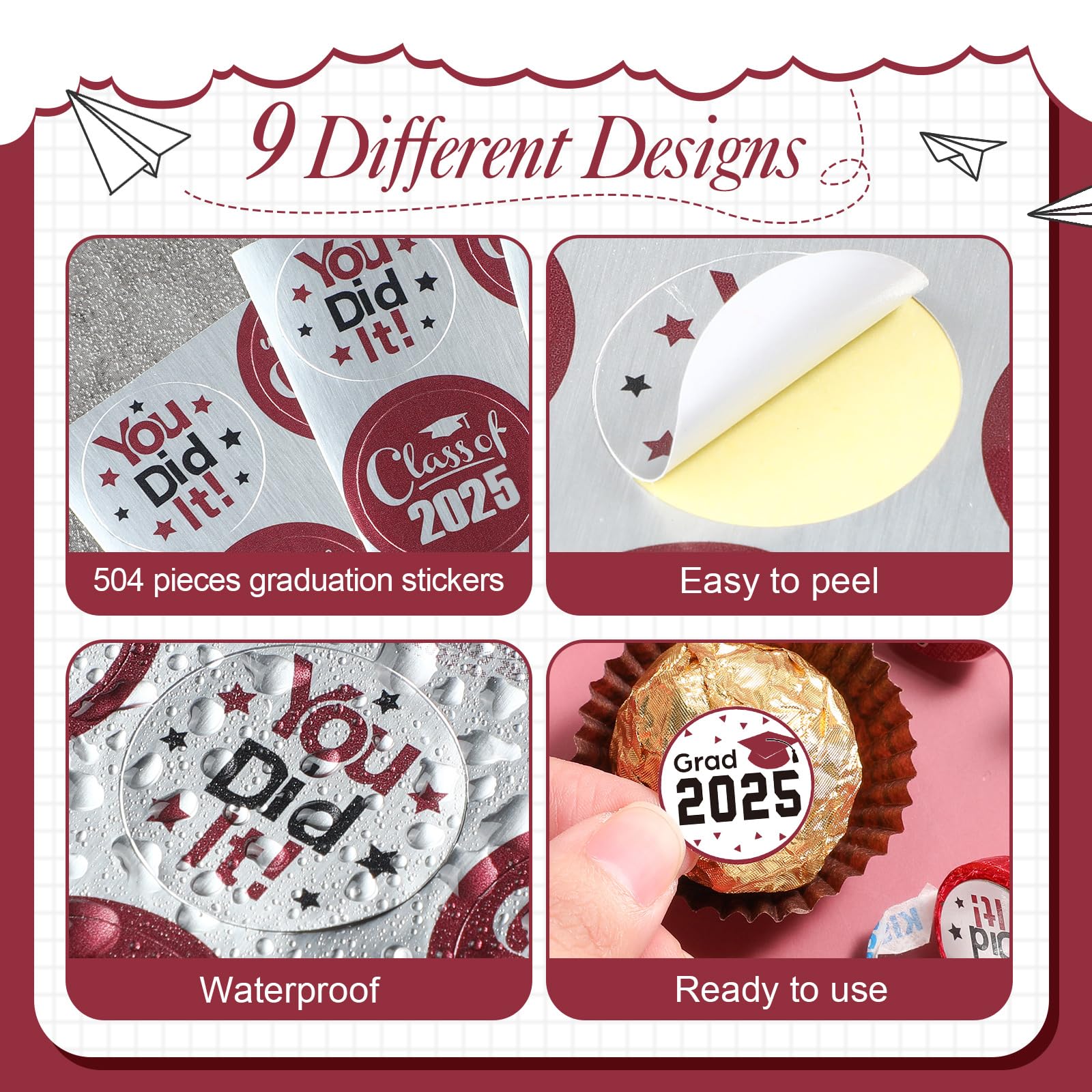 504-Piece 2025 Graduation Stickers Set - Congrats Grad Senior Class of 2025 Party Favors, Candy & Chocolate Labels for High School, College, Doctorate Celebrations (Maroon) | Perfect for Graduation Party Decorations, Gift Wrapping & Scrapbooking