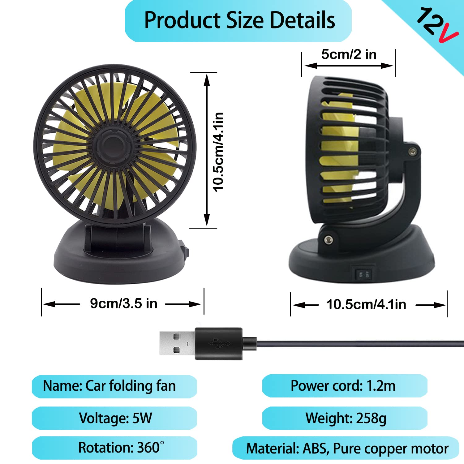 360° Rotatable USB Car Fan - Powerful Cooling Fan for Cars, SUVs, Trucks, Boats & Golf Carts | Portable Air Circulator for Home & Office Use | USB-Powered (5V) F409-5V