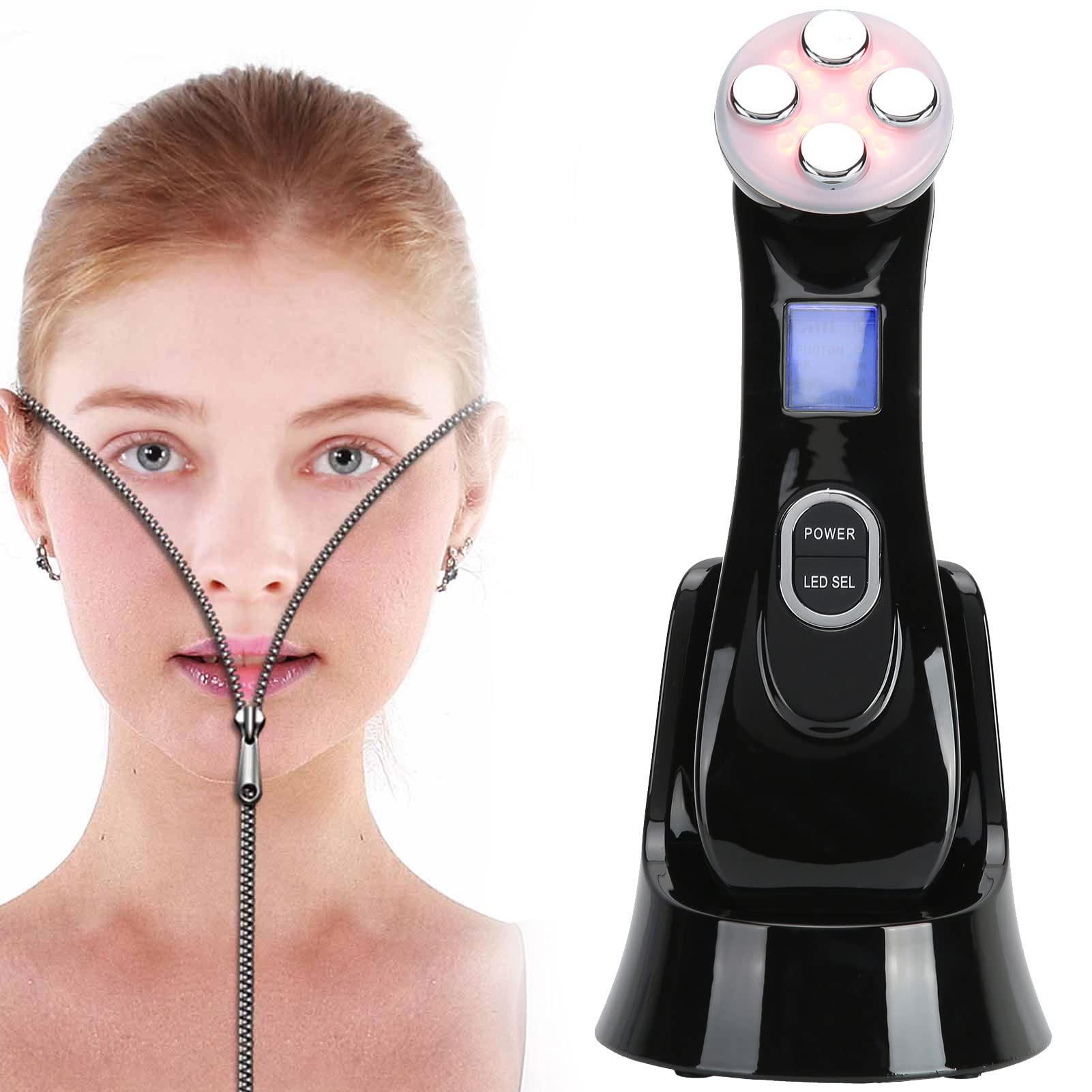Professional RF EMS 6-Color LED Skin Tightening & Rejuvenation Machine - Anti-Wrinkle Facial Beauty Device for Skin Care (Black) | Perfect for Home Spa & Salon Treatments