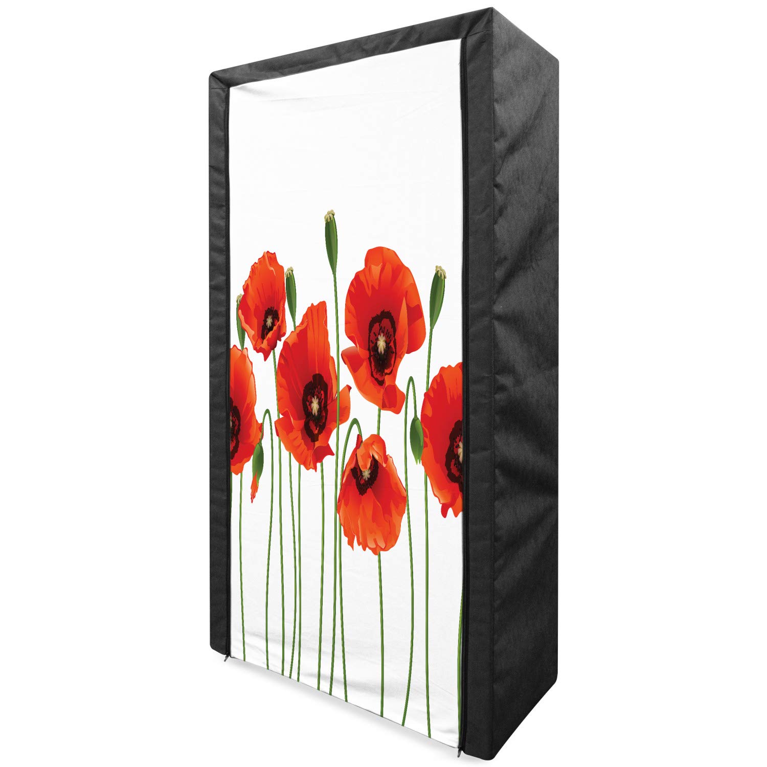 Ambesonne Floral Portable Fabric Wardrobe - Spring Poppies Botanical Bouquet Design, 33.5 Inch Clothing Organizer with Shelves for Bedroom Storage | Red and Green Nature-Themed Closet for Home, Dorm & Travel Use