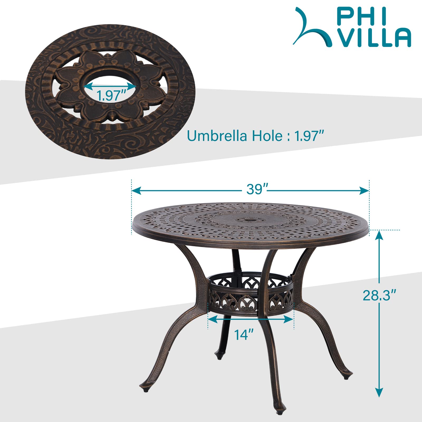 PHI VILLA 39 Inch Round Cast Aluminum Outdoor Bistro Dining Table with 1.97