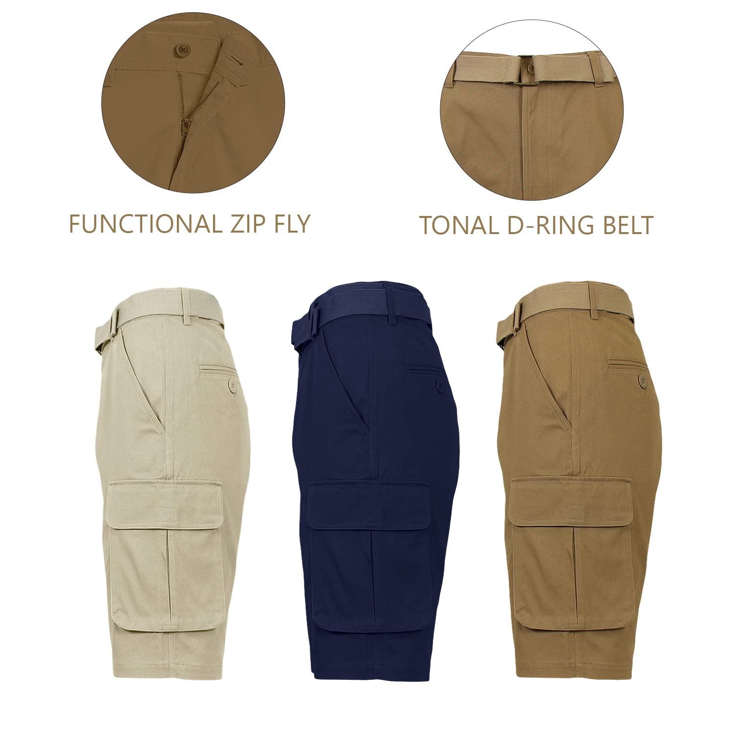 Harvic Men's Cotton Stretch Cargo Shorts with Belt & Multi-Pockets - 3 Pack Casual Shorts for Outdoor, Travel & Summer Wear