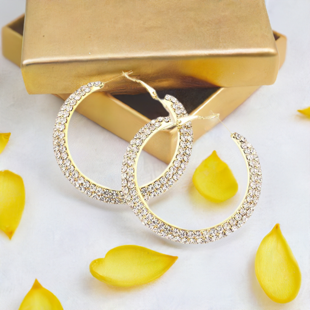 2 Inch Gold Rhinestone Flat Hoop Earrings for Women | Elegant Everyday & Party Jewelry | Perfect for Weddings, Date Nights & Special Occasions