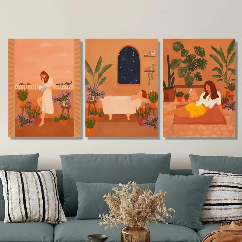 3-Piece Serene Plant & Girl Illustrations Metal Wall Art - Ready to Hang, Modern Home Decor for Living Room, Bedroom, Office (8x10 Inches)
