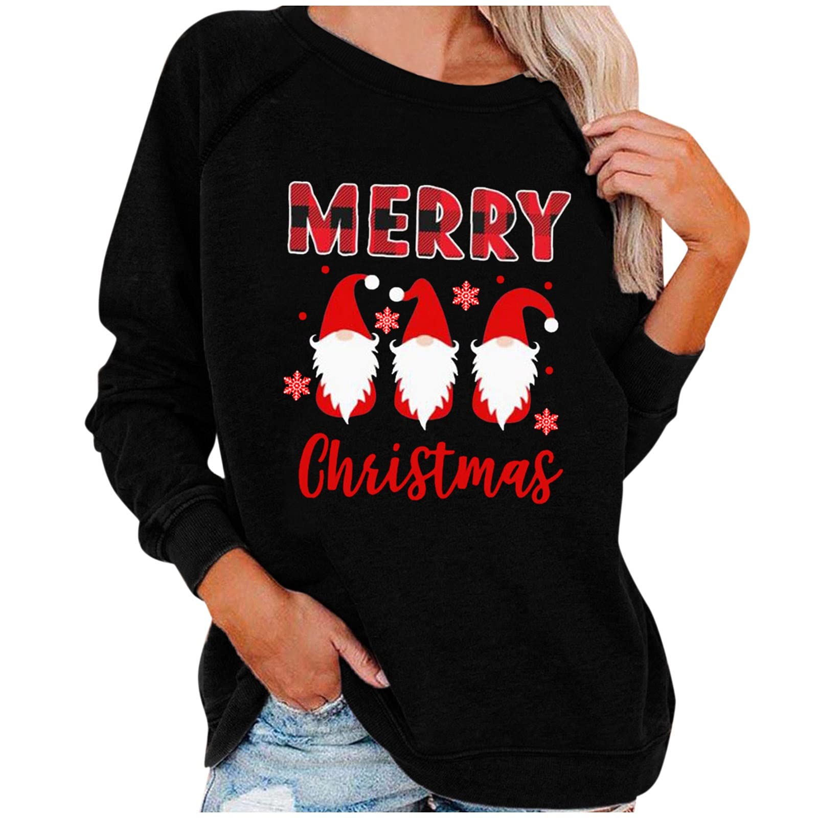 Women's Christmas Cute Print Long-Sleeve O-Neck Full Zip Hoodie Sweatshirt - Cozy Pullover Blouse for Holiday Parties & Winter Fashion