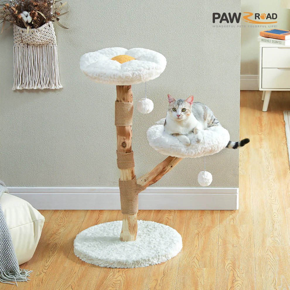 Premium Blossom Cat Tree with Real Wood - Sturdy & Natural Cat Climbing Tower for Indoor Play, Scratching & Lounging - Perfect for Small to Large Cats in Home or Apartment