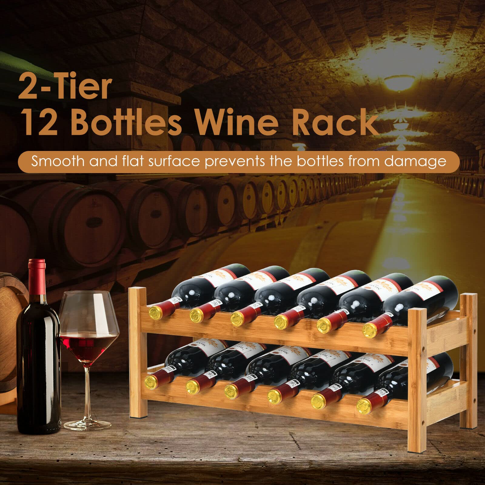 HAPPYGRILL 12-Bottle 2-Tier Bamboo Wine Rack - Freestanding Countertop Wine Storage Shelf for Bar, Kitchen, Home - Natural Wine Bottle Holder for Red, White & Sparkling Wines - Perfect for Dining Room, Wine Cellar & Entertaining Guests