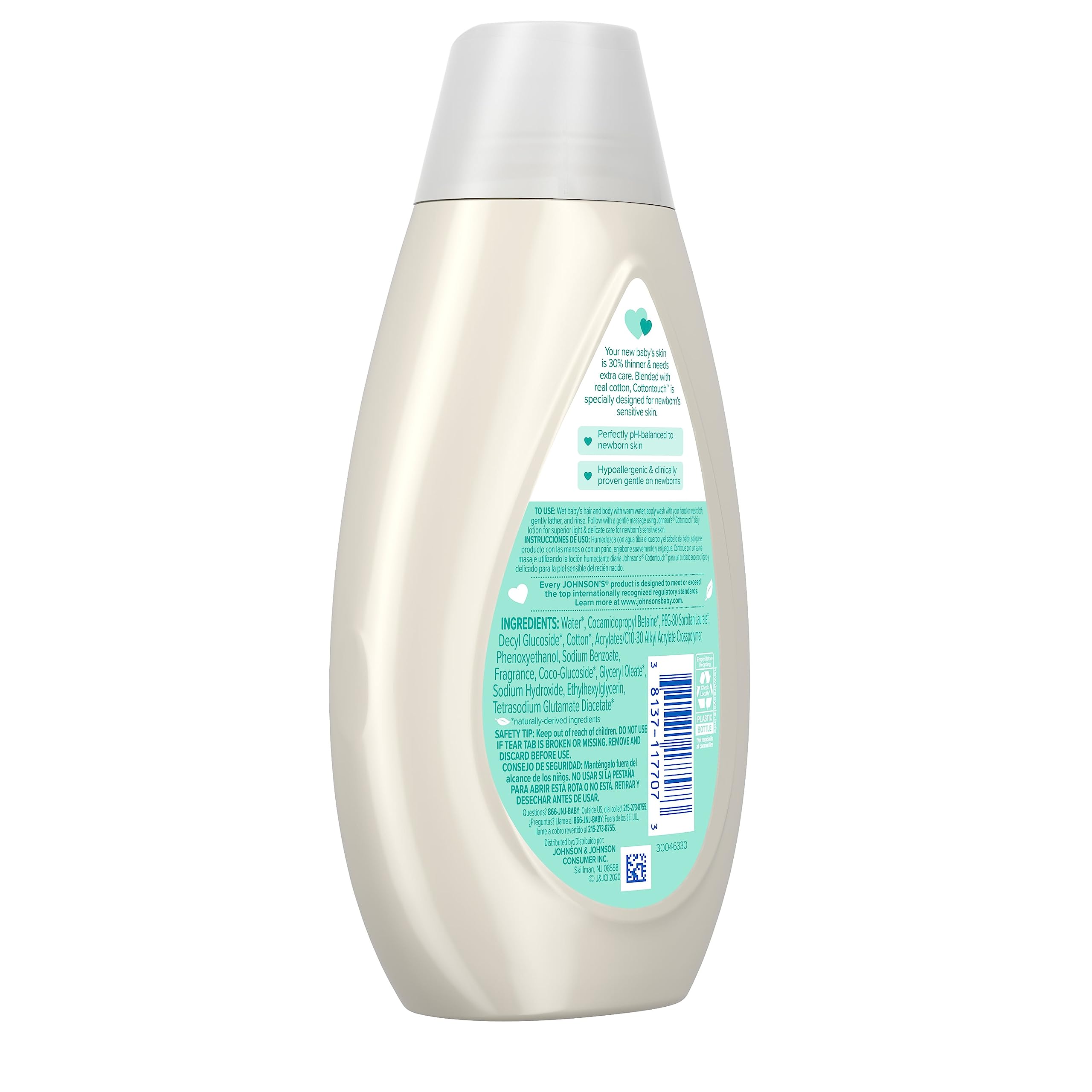 Johnson's CottonTouch Newborn Baby Body Wash & Shampoo | Gentle Tear-Free Formula with Real Cotton | Sulfate & Paraben-Free for Sensitive Skin | 13.6 fl oz | Perfect for Daily Bath Time & Newborn Care