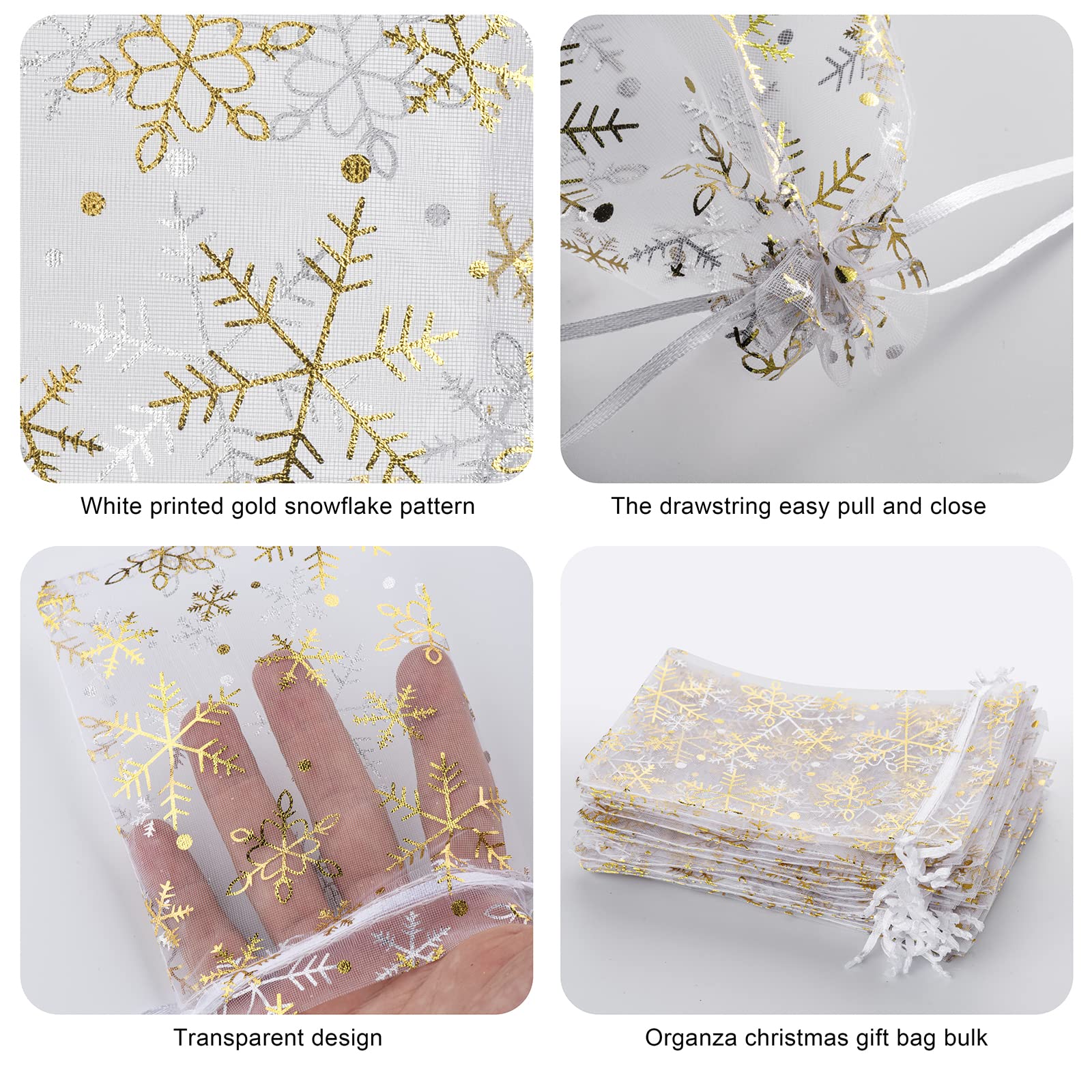 HongyiTime 100 PCS 4X6 inch White Snowflake Organza Gift Bags - Christmas Jewelry Pouches & Drawstring Candy Bags for Party Favors, Wedding Gifts, Holiday Decorations