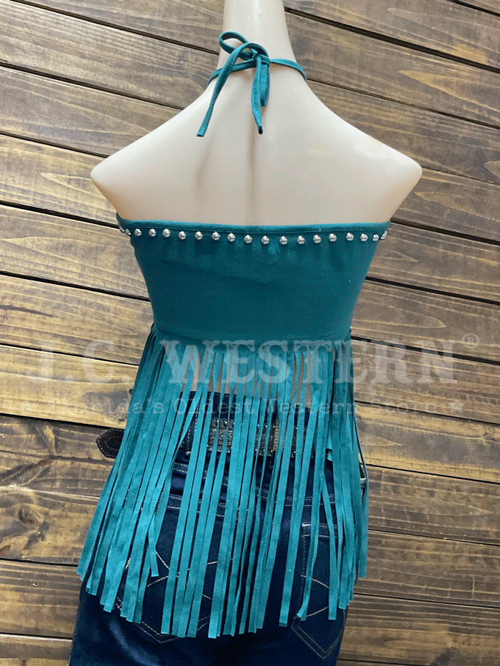 Lucky & Blessed TO844 Women's Suede Halter Fringed Top - Jade Green Boho Chic Vest for Festivals & Parties