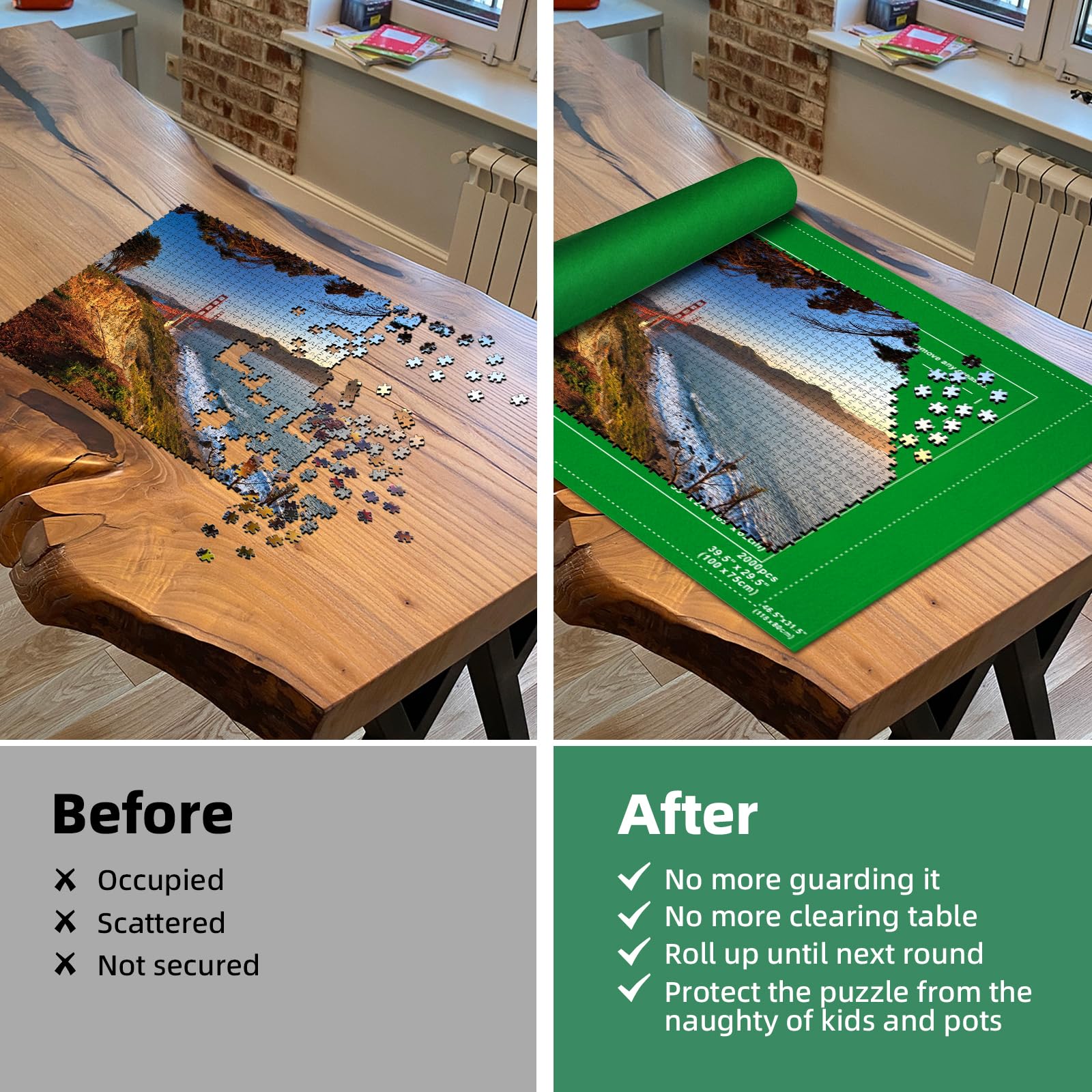 MOZOOSON Jigsaw Puzzle Mat for Up to 1000 1500 2000 Pieces - Portable Felt Puzzle Roll with 6 Sorting Trays - Puzzle Storage Solution for Adults & Kids - Perfect for Home, Travel and Puzzle Enthusiasts