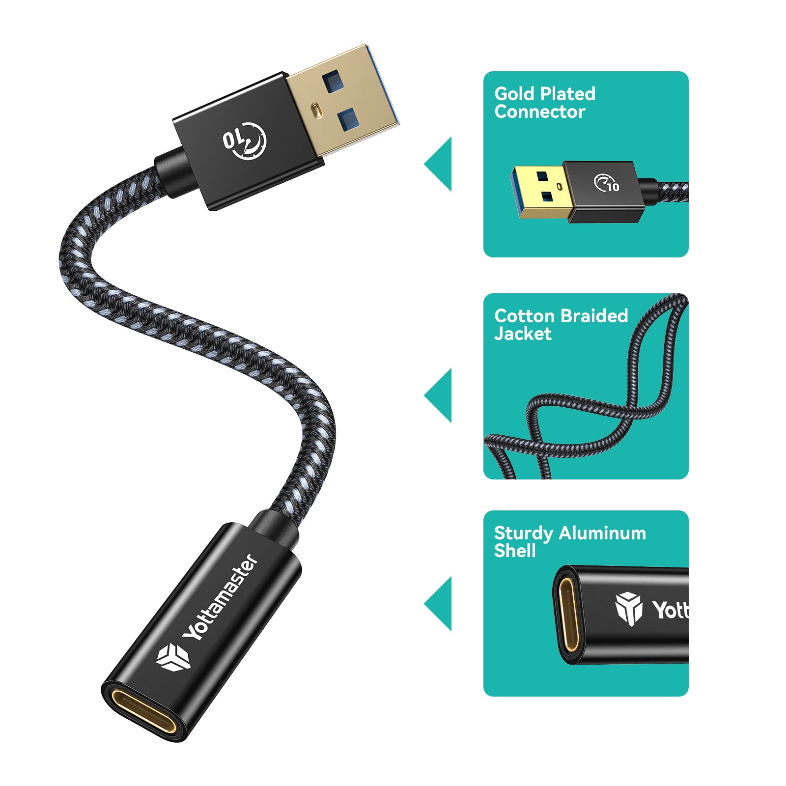 Yottamaster USB 3.1 Gen 2 A to USB C Adapter Cable - 10Gbps High-Speed Data Transfer, USB A Male to Type C Female Converter with Durable Cotton Braided Design (0.3m/1ft) - Perfect for MacBook, Smartphones, Tablets & External Storage Devices