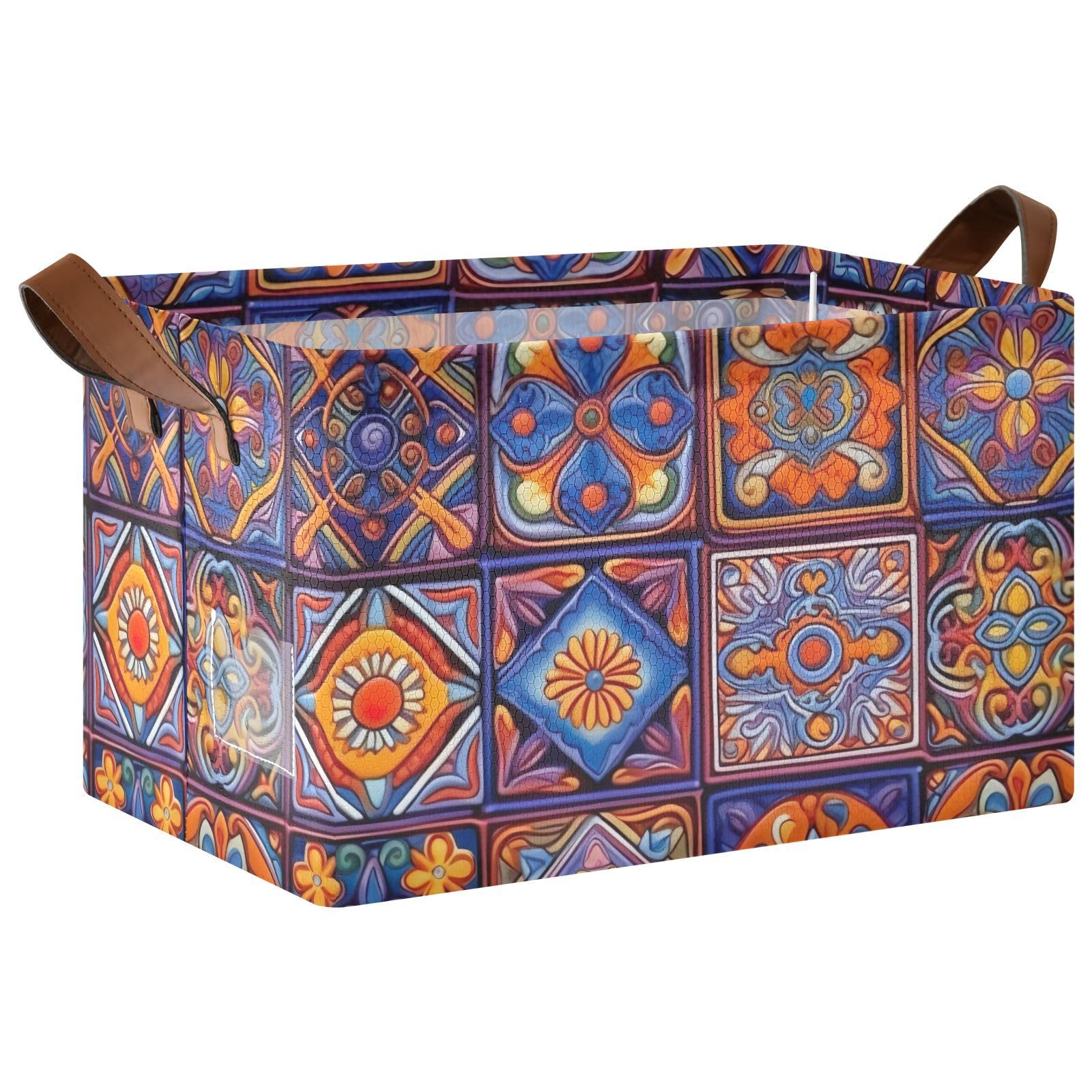 Emelivor Mexican Talavera Blue Storage Bins - Foldable Rectangular Organizer Baskets with Handles for Shelves, Nursery, Closet & Laundry | Perfect for Organizing Toys, Clothes & Home Decor