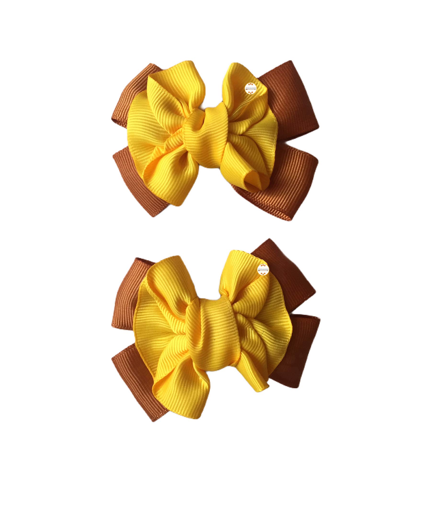 Handmade Ribbon Bow Hair Clips for Toddler Baby Girls & Women - Alligator Hair Pins Set of 2 (Yellow & Brown) - Perfect for Parties, School, and Everyday Hair Accessories