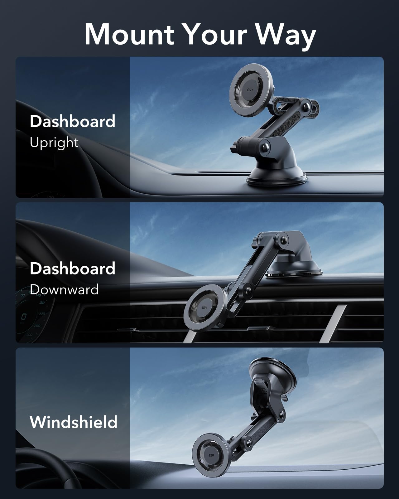 ESR Magnetic Car Phone Holder for iPhone & Samsung - Dashboard & Windshield Mount with 2 Metal Rings - Perfect for Safe Driving
