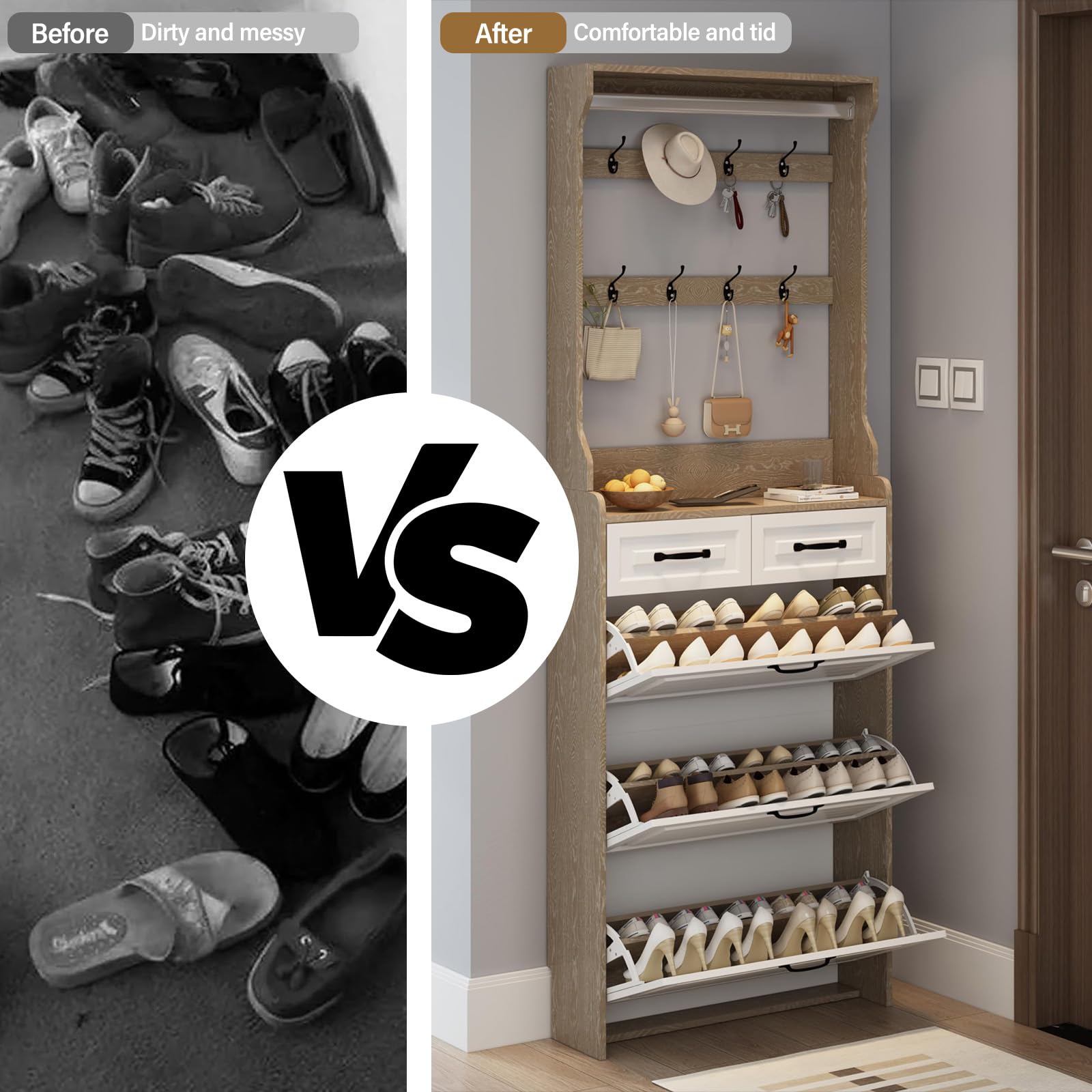 WIIS' IDEA 3-Tier Flip Front Shoe Cabinet with 2 Drawers - Freestanding Entryway Shoe Storage Organizer - Hidden Wooden Shoe Rack for Small Spaces - Narrow Farmhouse Style Shoe Cabinet with Legs (Brown) - Perfect for Hallway, Closet & Apartment Organization