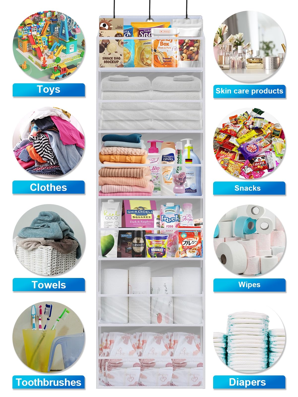 Over the Door Hanging Organizer - No Tilt Baby Closet Storage for Diapers, Kids Toys & Nursery Essentials - Clear Space-Saving Solution for Nursery, Bathroom & Bedroom Organization