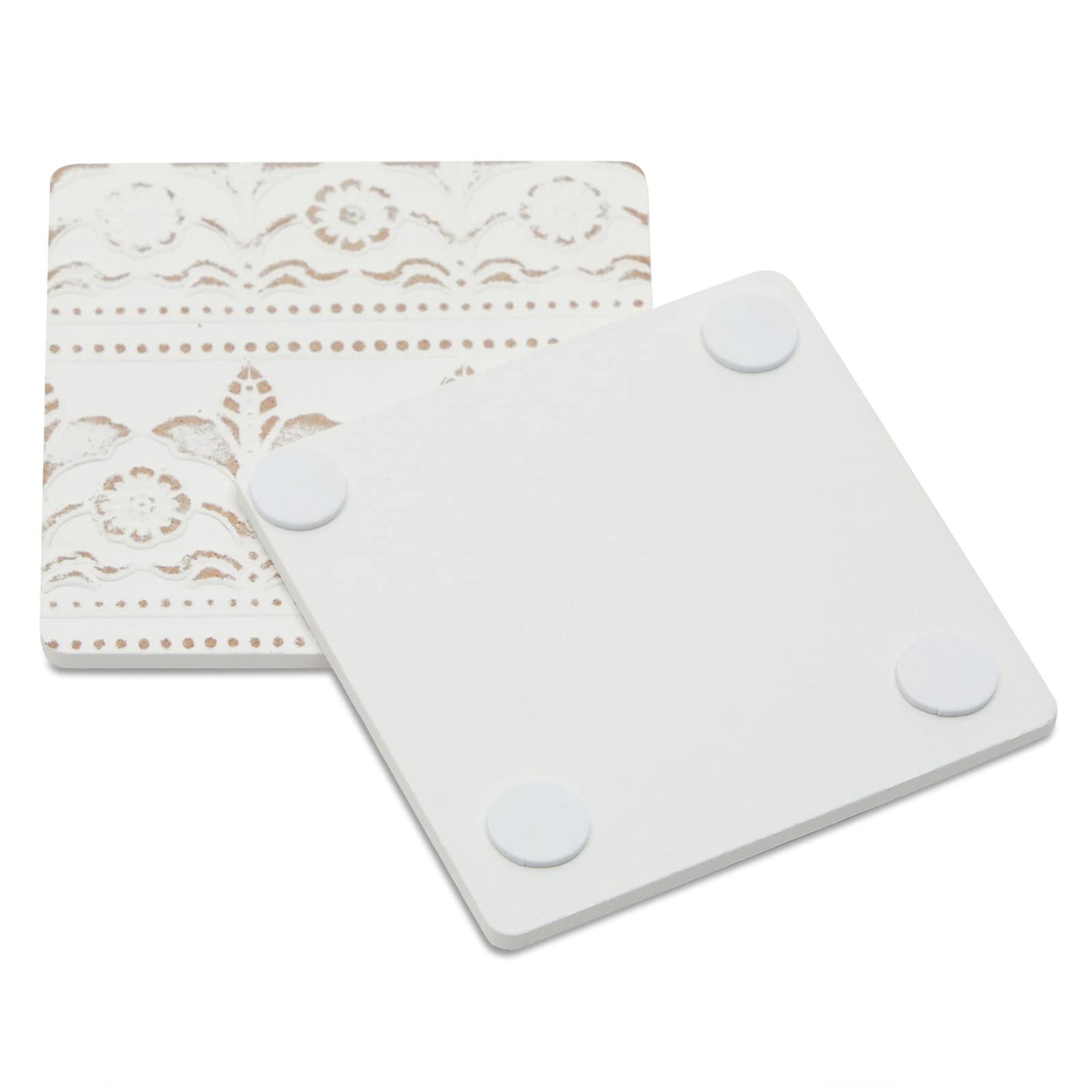 Juvale Set of 6 White Wooden Drink Coasters with Holder - 3.8 Inch Round Absorbent Pads for Coffee, Tea, Wine - Rustic Farmhouse Decor for Dining Table, Living Room, and Kitchen Use