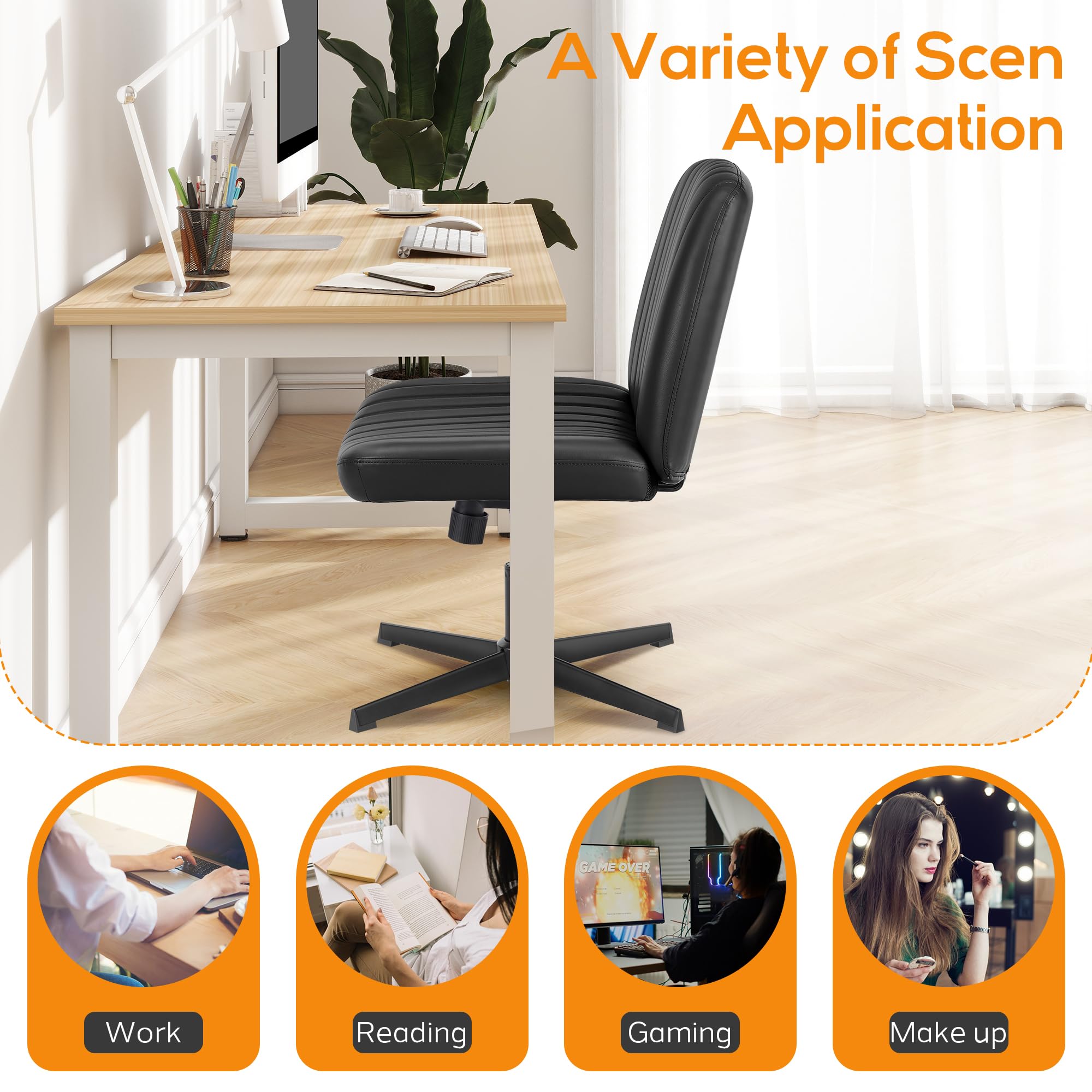 DUMOS Criss Cross Chair Legged Office Chair - Wide Comfy Desk Seat Without Wheels, Armless Computer Task Chair, Swivel Vanity Chair with Height Adjustable - Perfect for Home Office, Gaming & Study