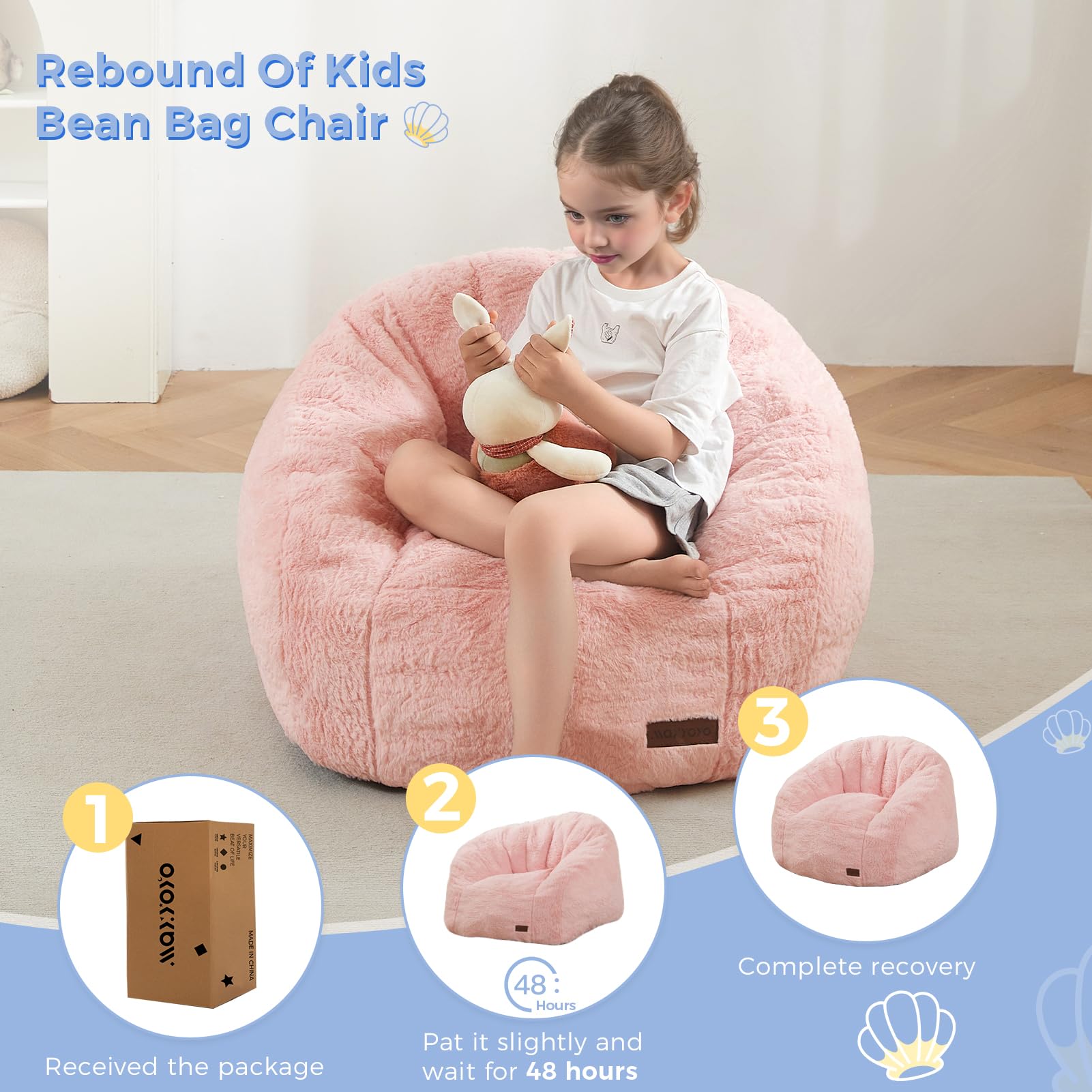 MAXYOYO Kids Bean Bag Chair - Shell Shaped Bean Bag Couch for Boys & Girls, Pink - Perfect for Playroom, Bedroom, Reading Nook & Relaxation