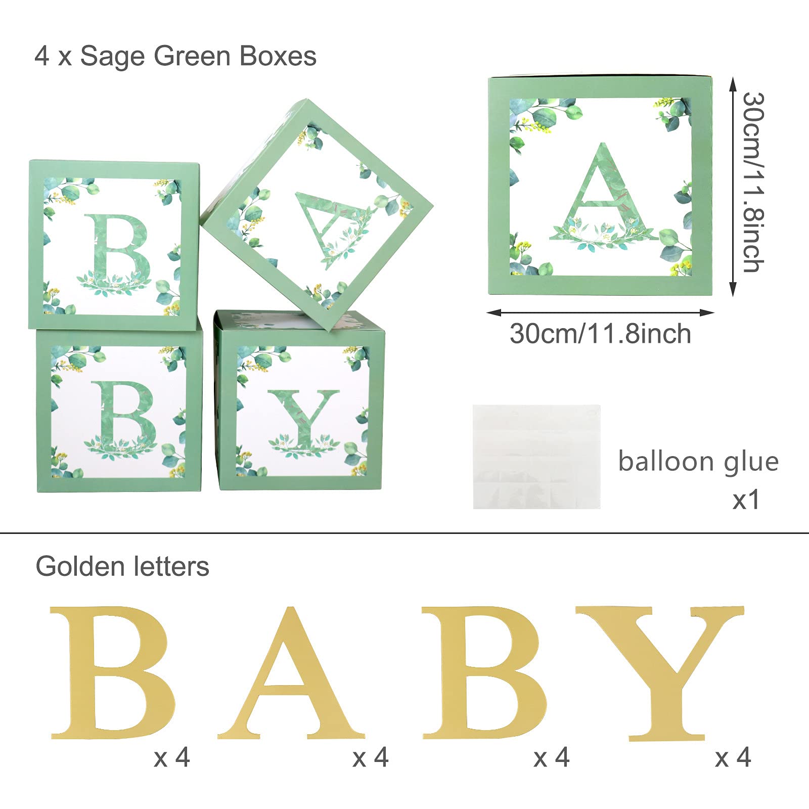 Sage Green Baby Shower Gift Boxes with Alphabet Letters - 4-Piece Set for Gender Reveal, Birthday Party Favors & Nursery Decor | Perfect for Safari Theme, Baby Shower Decorations & Newborn Photo Props