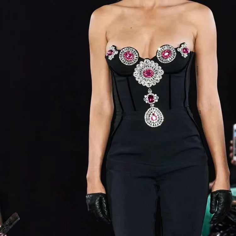 2024 New Fashion Sparkly Crystal Strapless Bodycon Bandage Jumpsuit for Women - Sexy Runway, Nightclub & Party Wear - Perfect for Clubbing, Date Nights & Special Occasions