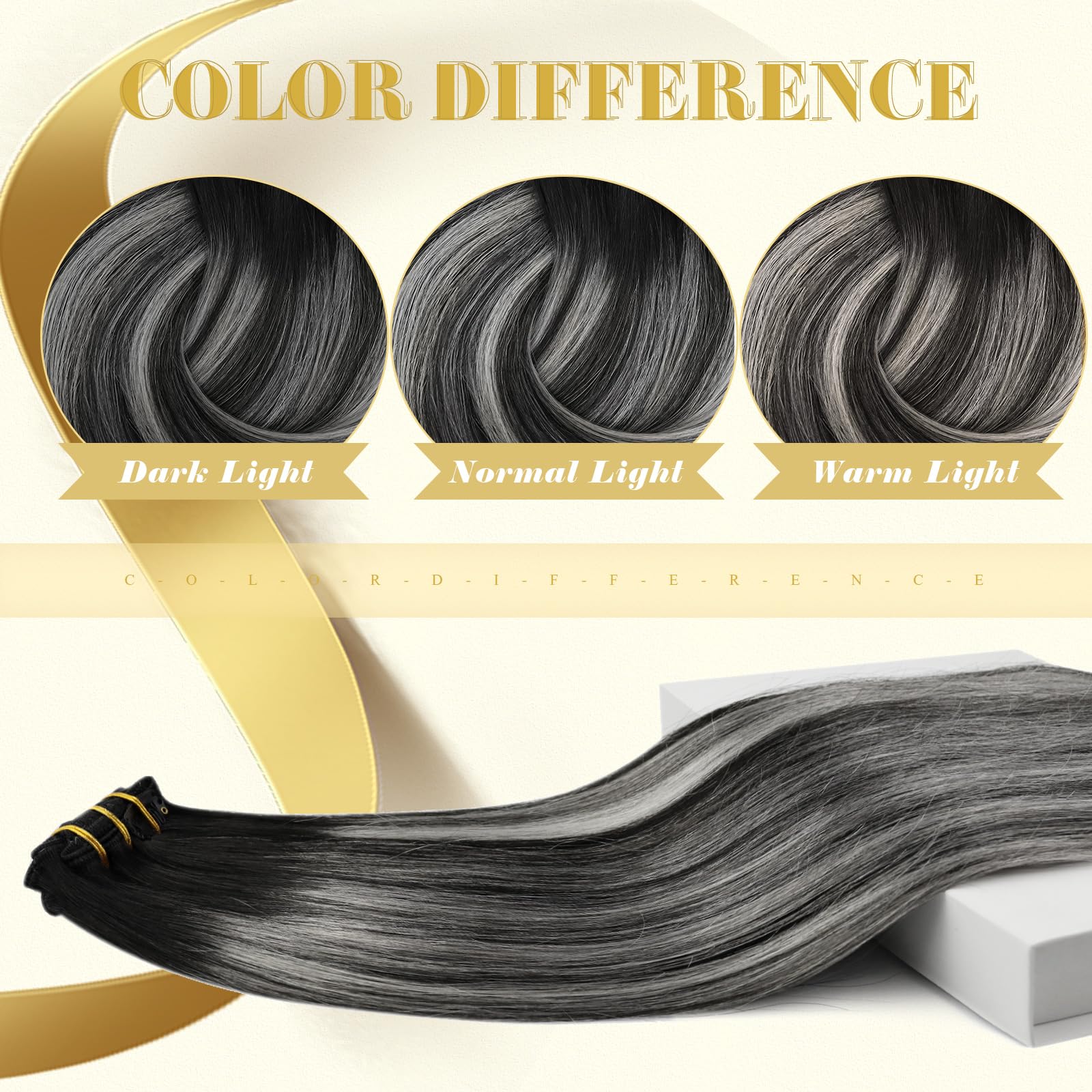 Ve Sunny 7pcs 120g 22inch Clip-in Human Hair Extensions - Natural Black Ombre Silver Blonde Remy Real Hair - Perfect for Daily Styling, Parties & Special Occasions