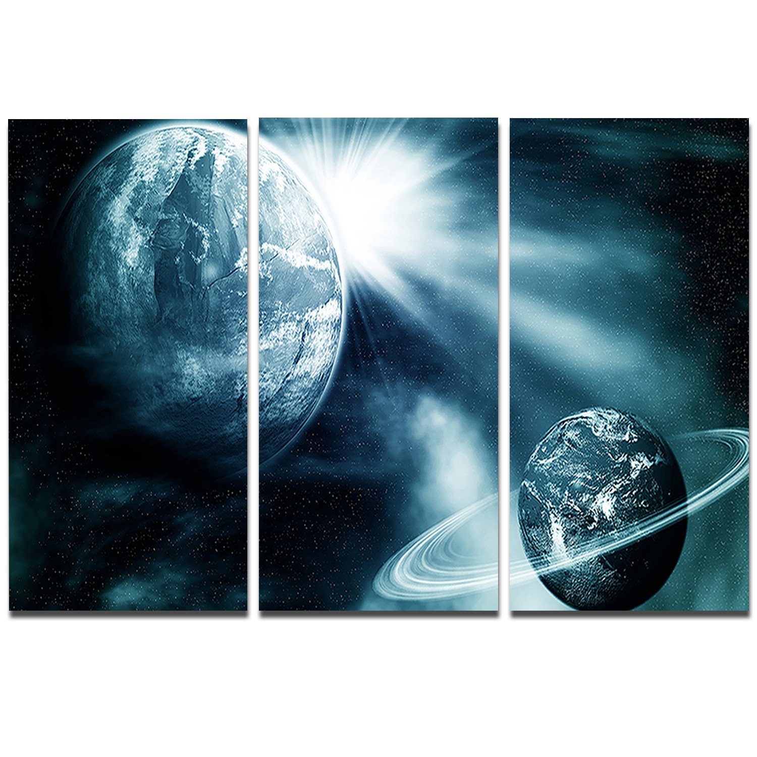 Designart Space View with Two Planets - Modern Spacescape Metal Wall Art - 36x28 Inches 3-Panel Set - Perfect for Living Room, Bedroom & Office Decor