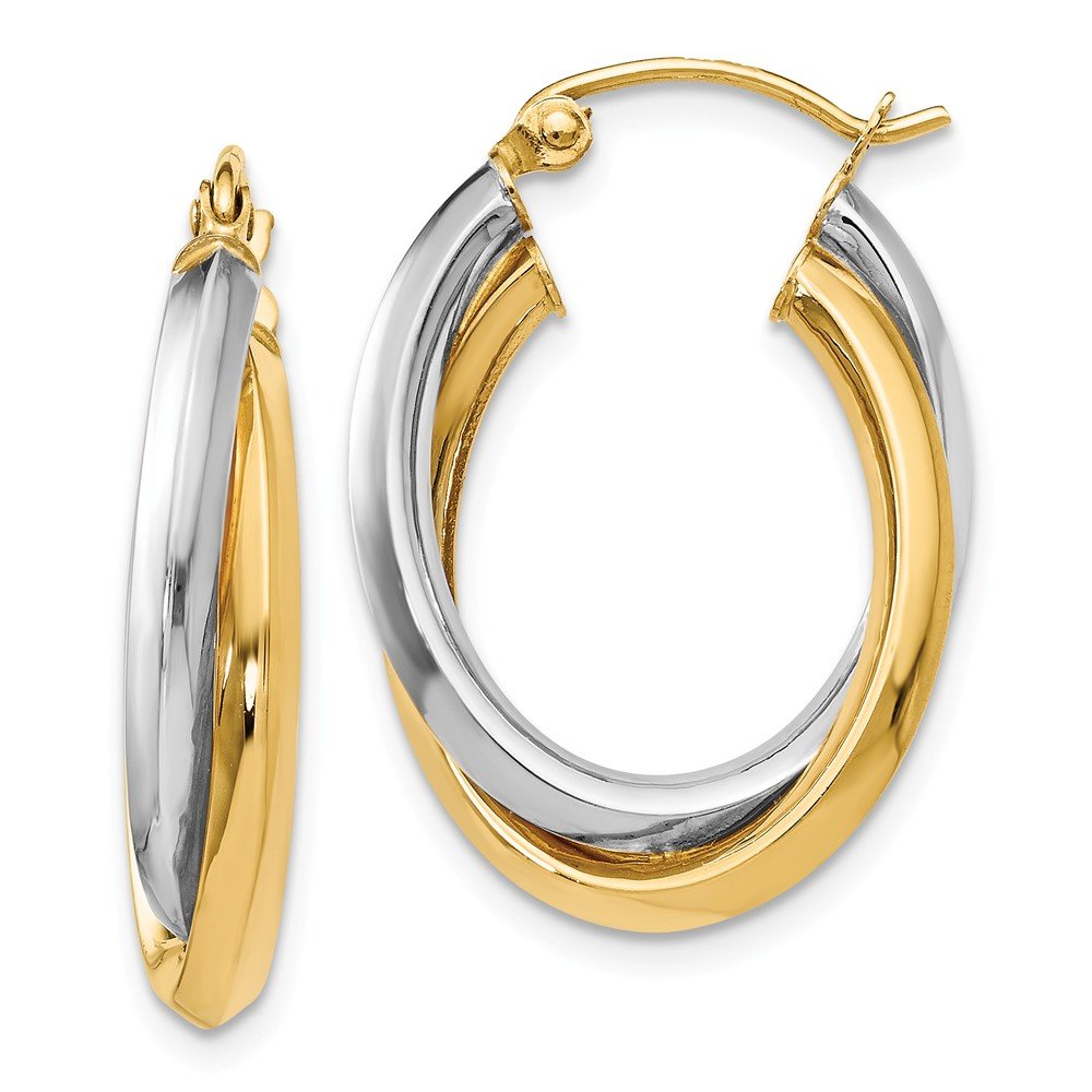 14K Two-Tone Gold Polished Oval Hinged Hoop Earrings for Women - Elegant Everyday & Special Occasion Jewelry Gift