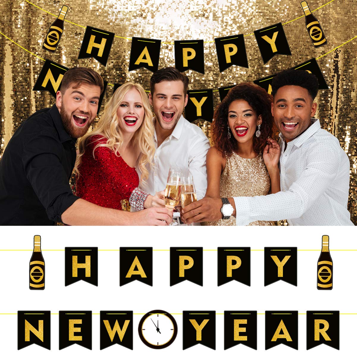 Amosfun Black and Gold New Year's Eve Party Banner Garland - Premium Holiday Decoration for Christmas & New Year Celebrations, Home Decor, Office Parties, and Festive Events
