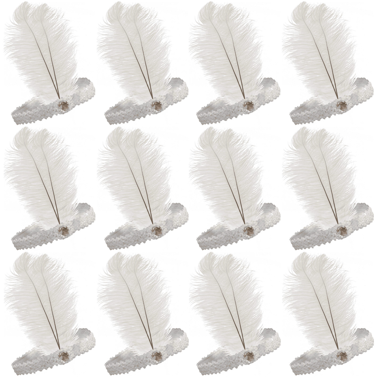 12-Pack 1920s Flapper Headbands - Feather & Sequin Headpiece for Gatsby Party, Charleston Dance, Roaring 20s Theme, Halloween Costume, Vintage Style Hair Accessories (White)