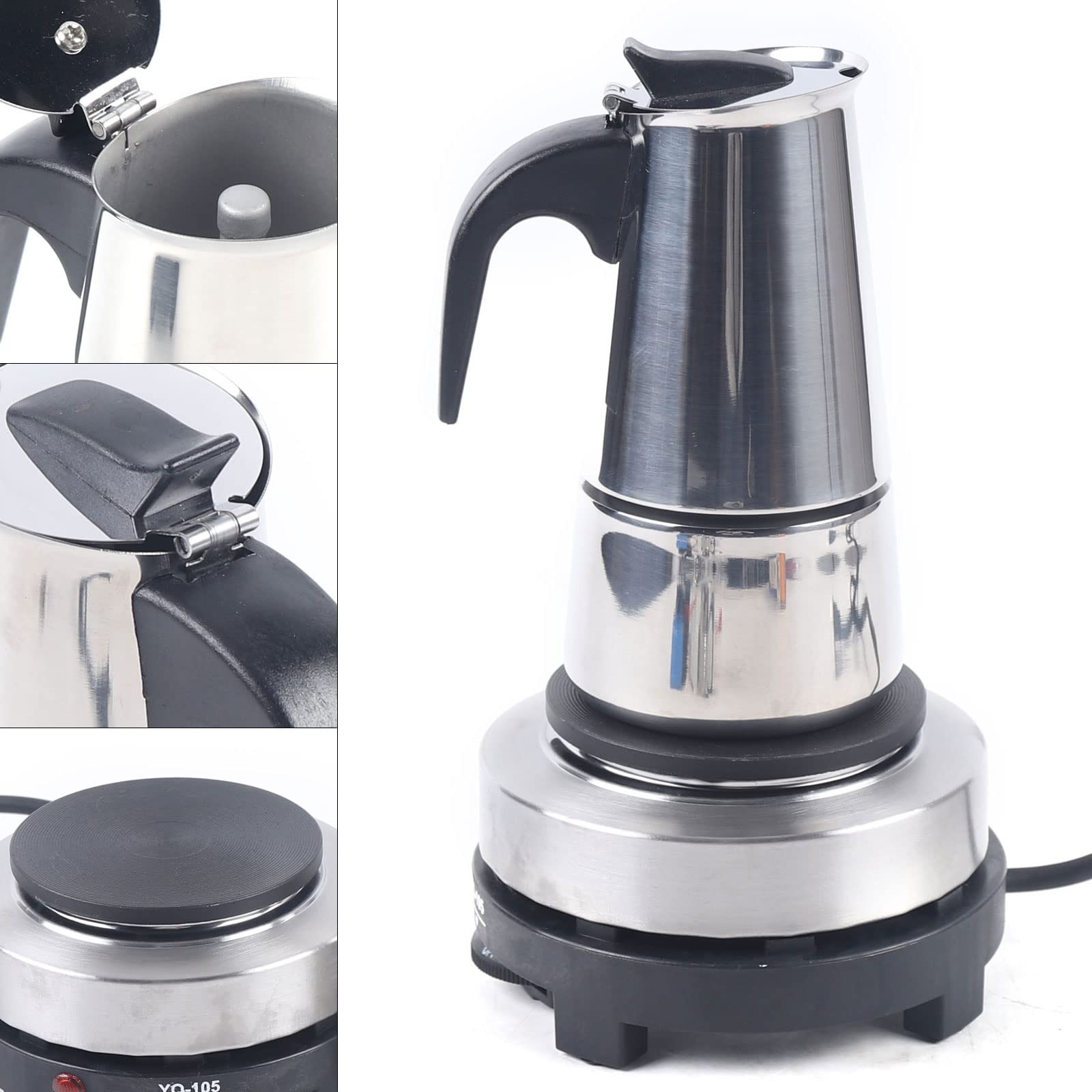4 Cups Electric Stovetop Espresso Maker - Stainless Steel Moka Pot for Classic Italian & Cuban Coffee - 200ml Stovetop Coffee Percolator - Perfect for Home Brewing, Camping & Office Use