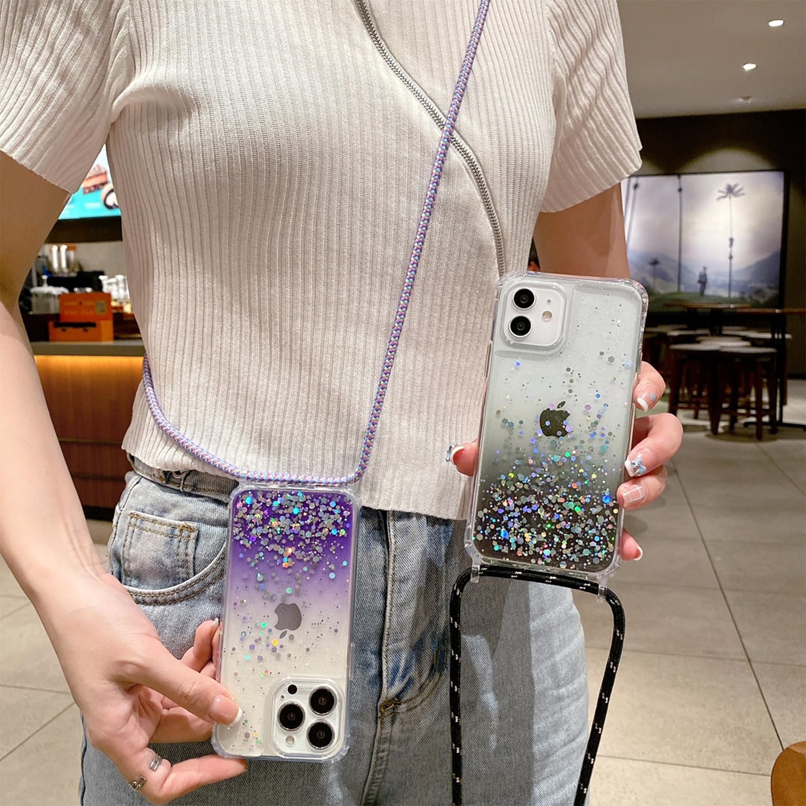 **iPhone 15 Pro Strap Case with Adjustable Crossbody Lanyard - Clear Glitter Shockproof TPU Cover with Soft Bumper for Women & Girls - Crystal Clear Design for Daily Use & Travel**