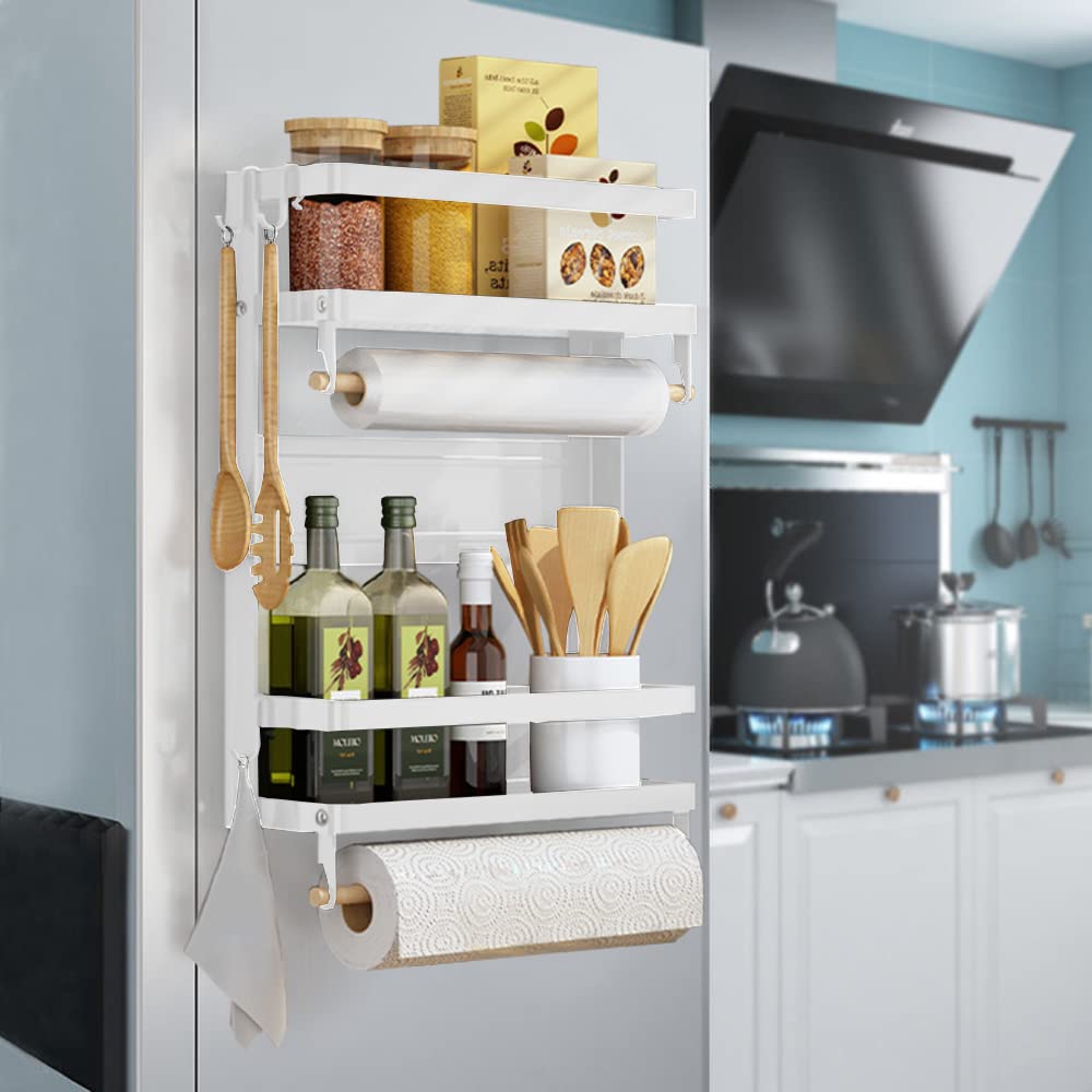 2-Tier Magnetic Spice Rack & Paper Towel Holder - White Large Refrigerator Organizer for Kitchen Storage | Space-Saving Spice Shelf for Pantry, Cabinets & Countertops