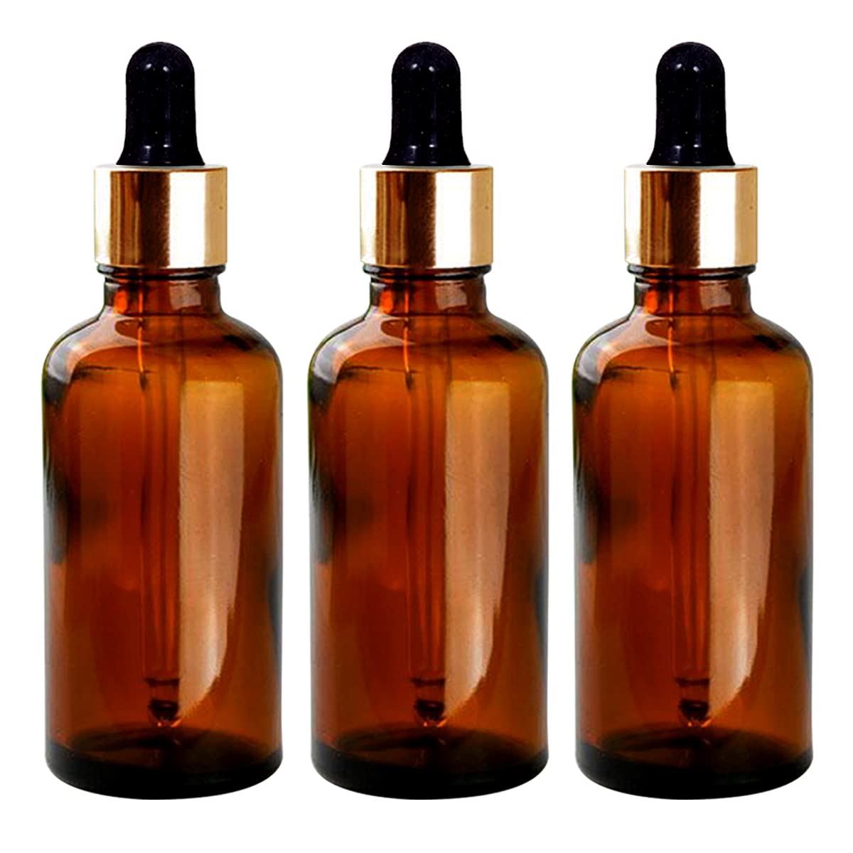 NSB Herbals 50ml Amber Round Empty Glass Bottle with Glass Dropper, Gold Ring & Black Silicone Teat - Leak Proof, Refillable & Reusable for Essential Oils, DIY Perfumes, Aromatherapy Blends - Perfect for Travel, Home Use & Gift Packaging (Pack of 3)