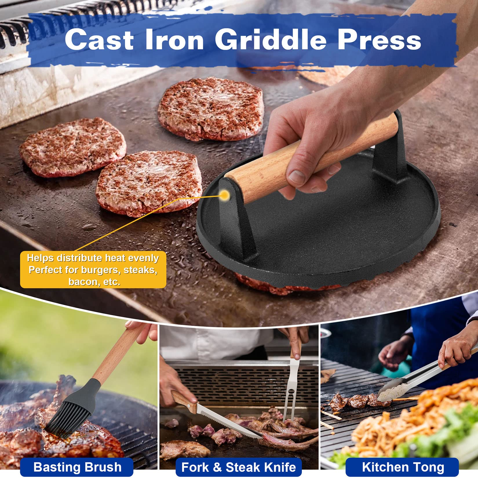 23Pcs Stainless Steel Griddle Accessories Kit - Joyfair BBQ Grilling Tool Set with Flat Top Spatulas & Cast Iron Burger Press - Perfect for Outdoor Hibachi, Teppanyaki & Backyard Cooking (Wooden Handles) - Ideal for Camping, Tailgating & Home Grilling Parties