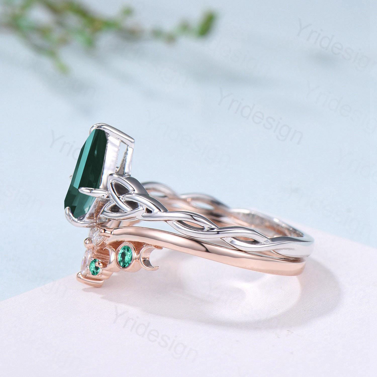 Norse Viking Kite Cut Emerald Engagement Ring Set - Unique Celtic Love Knot May Birthstone Butterfly Wedding Rings - Vintage Twist Bridal Jewelry for Weddings, Anniversaries & Special Occasions