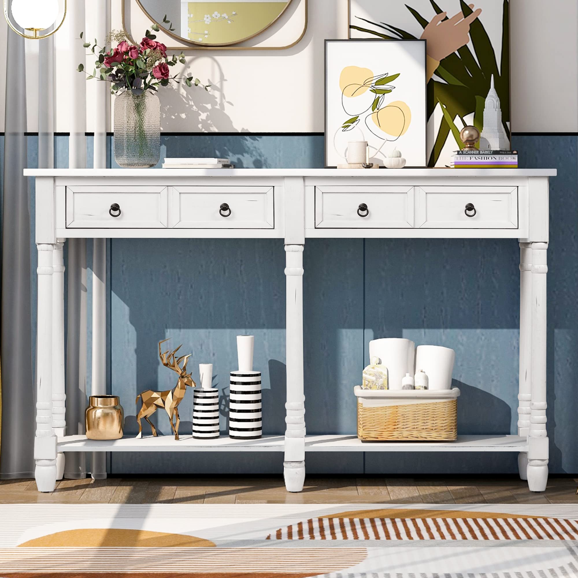 Merax Antique White Wood Sofa Table Console Table with Drawers & Long Shelf - Entryway Table for Living Room, Hallway, Dining Room - Easy Assembly Home Furniture for Small Spaces & Narrow Areas