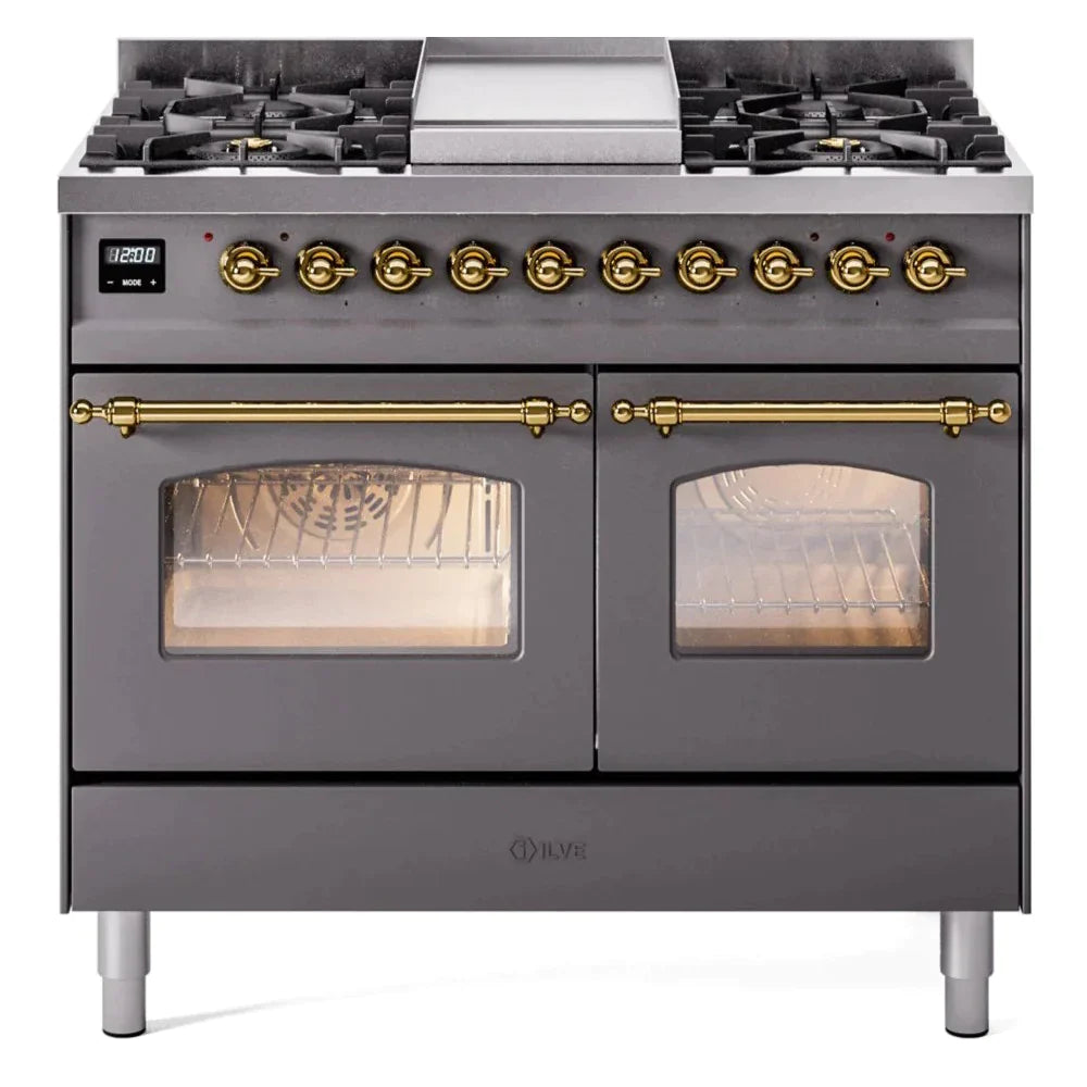 ILVE 40 Nostalgie II Series Freestanding Double Oven Dual Fuel Range - 6 Sealed Burners & Griddle - Professional Gas & Electric Range for Home Kitchen - Perfect for Baking, Roasting & Family Cooking (Model UPD40FNMP)