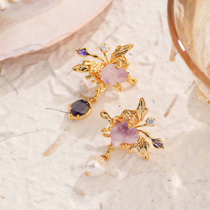 Elegant Asymmetric Freshwater Pearl Lilac Dangle Earrings for Women | HE13762 | Perfect for Weddings, Parties & Special Occasions