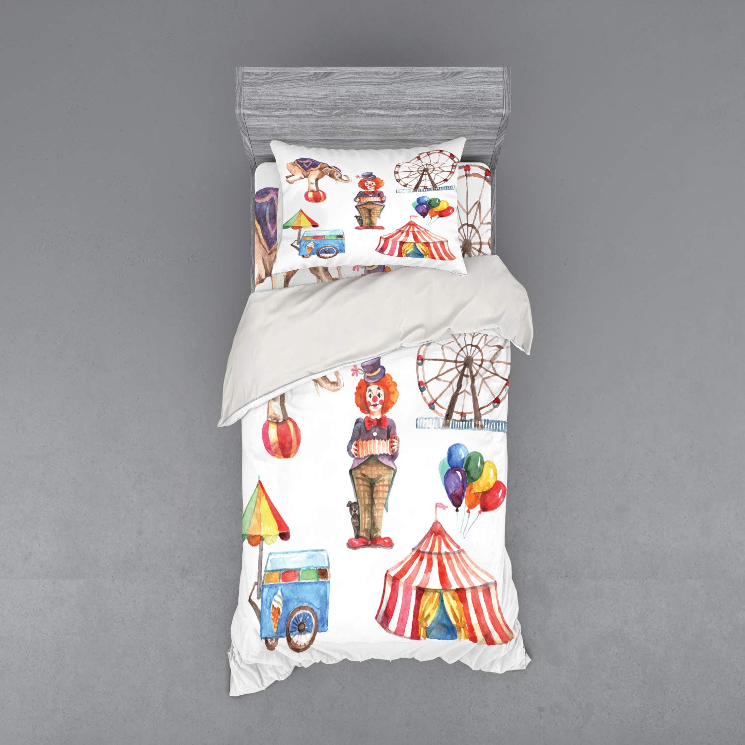 Ambesonne Circus Duvet Cover Set - Watercolor Illustration with Clown, Elephant, Balloons & Ice Cream Cart | 3-Piece Twin XL Bedding Set with Sham & Fitted Sheet | Perfect for Kids' Rooms, Themed Bedrooms & Circus Lovers