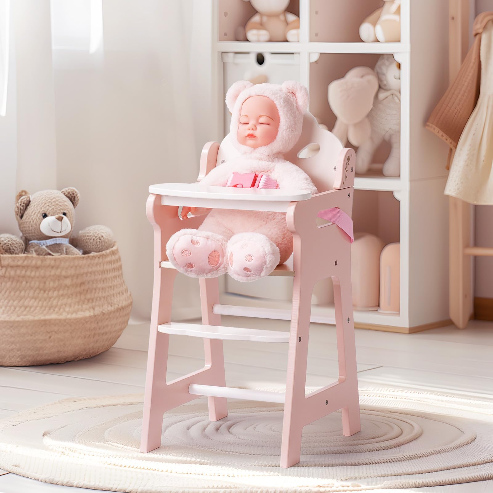 ROBOTIME Wooden Baby Doll High Chair with Safety Belt - Pretend Play for 18