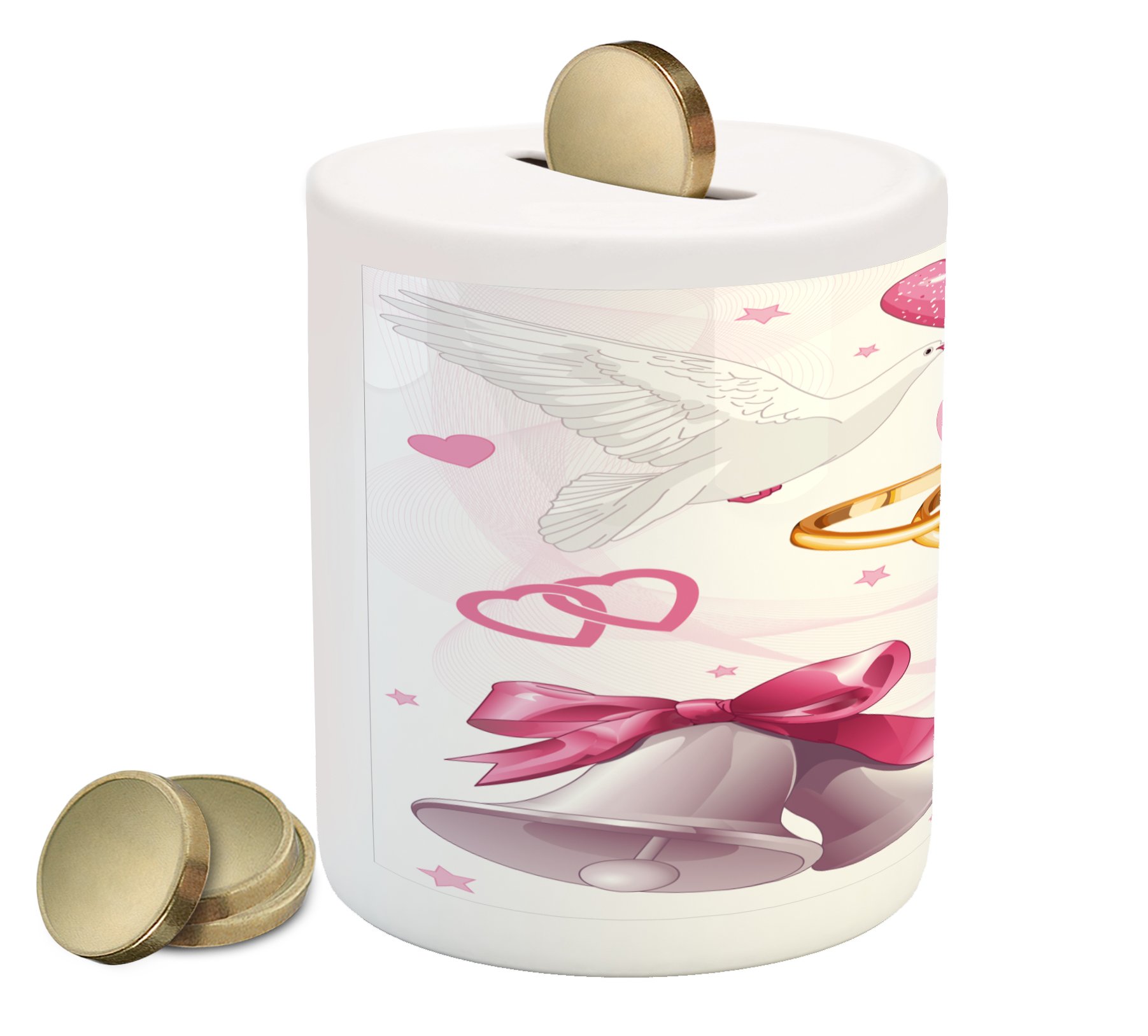 Ambesonne Wedding Piggy Bank - Ceramic Money Box with Hearts, Rings & Birds Design for Cash Saving, Pink White Orange - Perfect for Wedding Gifts, Bridal Showers & Anniversary Presents