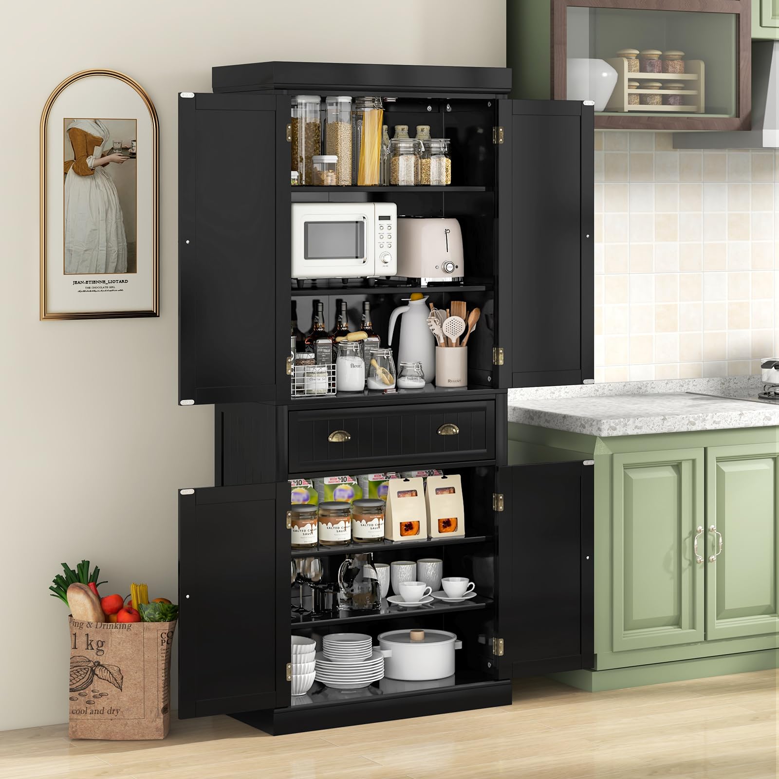 Freestanding Kitchen Pantry Cabinet - 6ft Tall Wood Storage Cupboard with 4 Adjustable Shelves, 2 Pantry Doors & 1 Drawer - Black Utility Organizer for Kitchen, Bathroom, Living Room & Hallway - Perfect for Small Space Storage & Home Organization