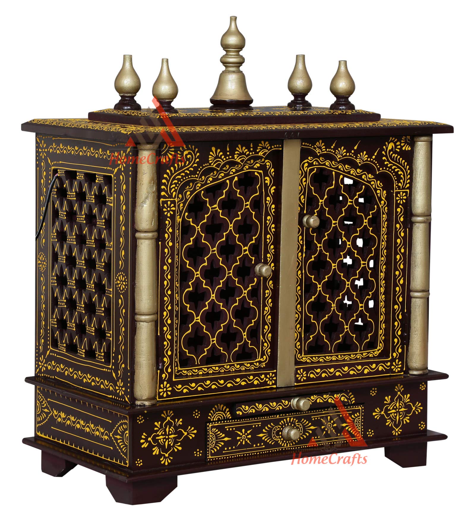 Handcrafted Wooden Home Temple with Doors & LED Lights - 18x12x24 Inch Pooja Mandir for Prayer & Meditation | Perfect for Home Altar, Puja Room Decor & Spiritual Space (Golden Embossed Design)