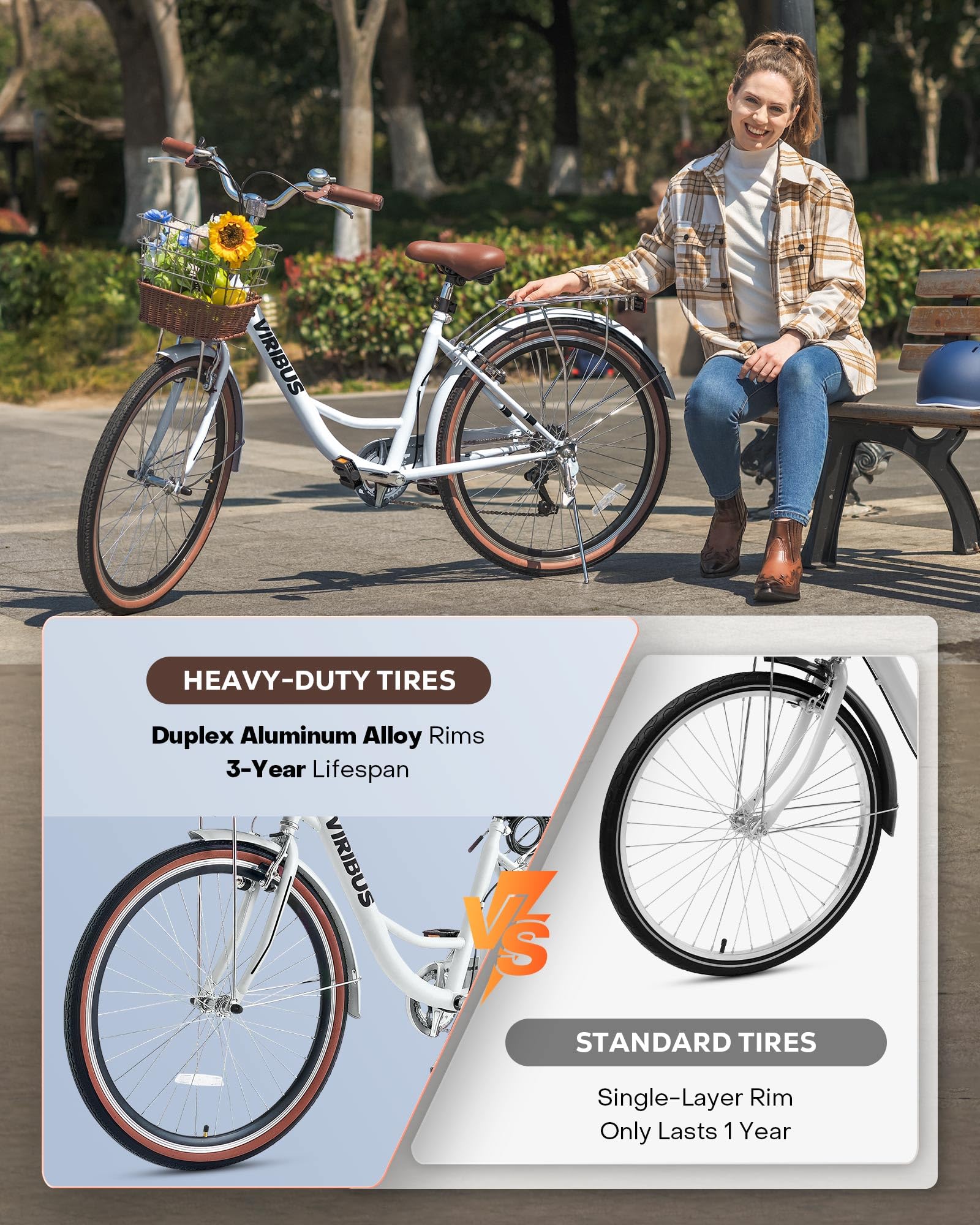 Viribus Women's 7-Speed Cruiser Bike - 24 & 26 Inch Step-Through City Bicycle with Rattan Basket & Rear Rack - Perfect for Commuting, Beach Rides & Urban Cycling