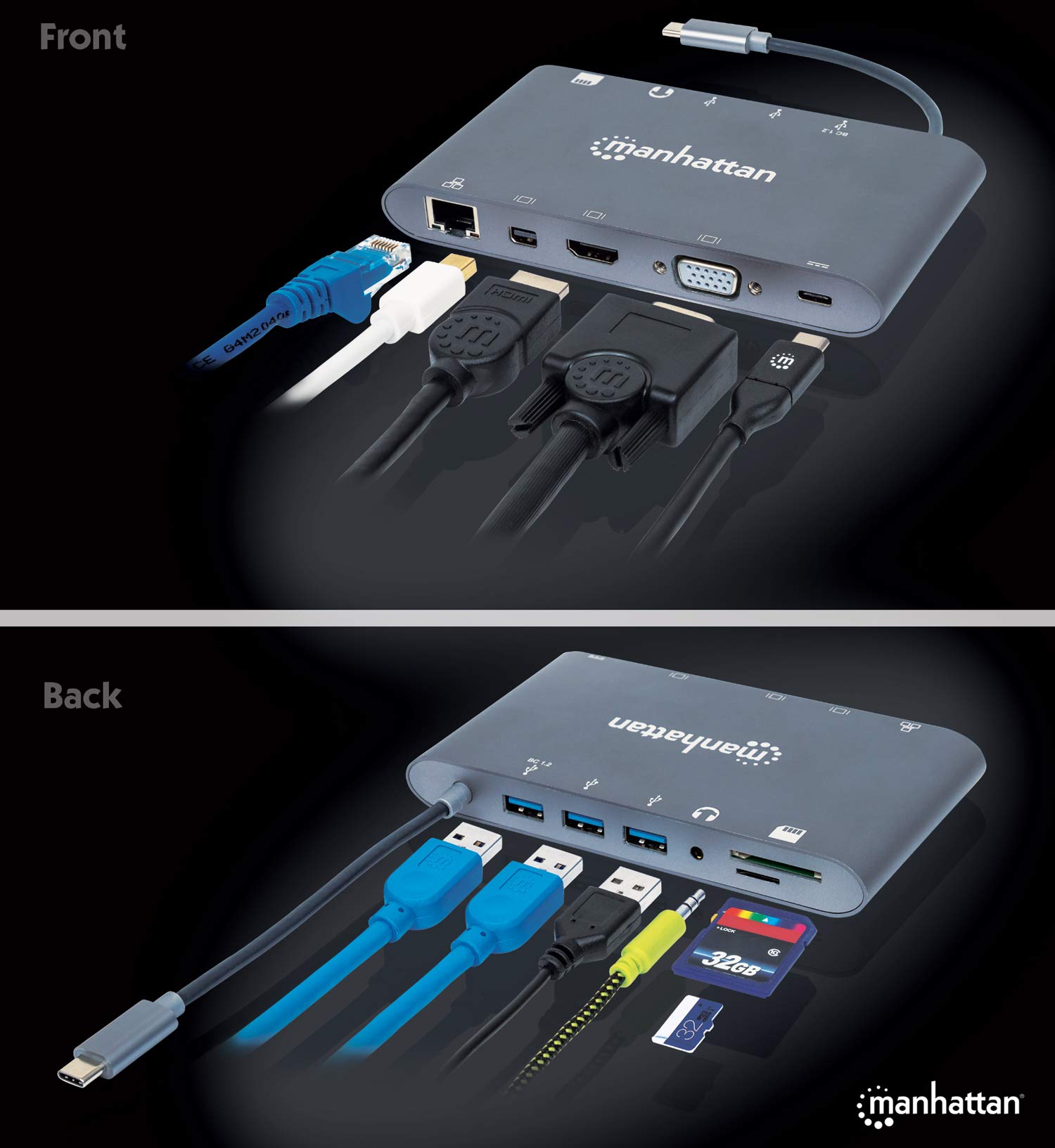 Manhattan SuperSpeed USB-C to 7-in-1 Docking Station with 4K HDMI, Ethernet, USB 3.0 Ports - Perfect for Home Office, Gaming & MacBook Pro Connectivity