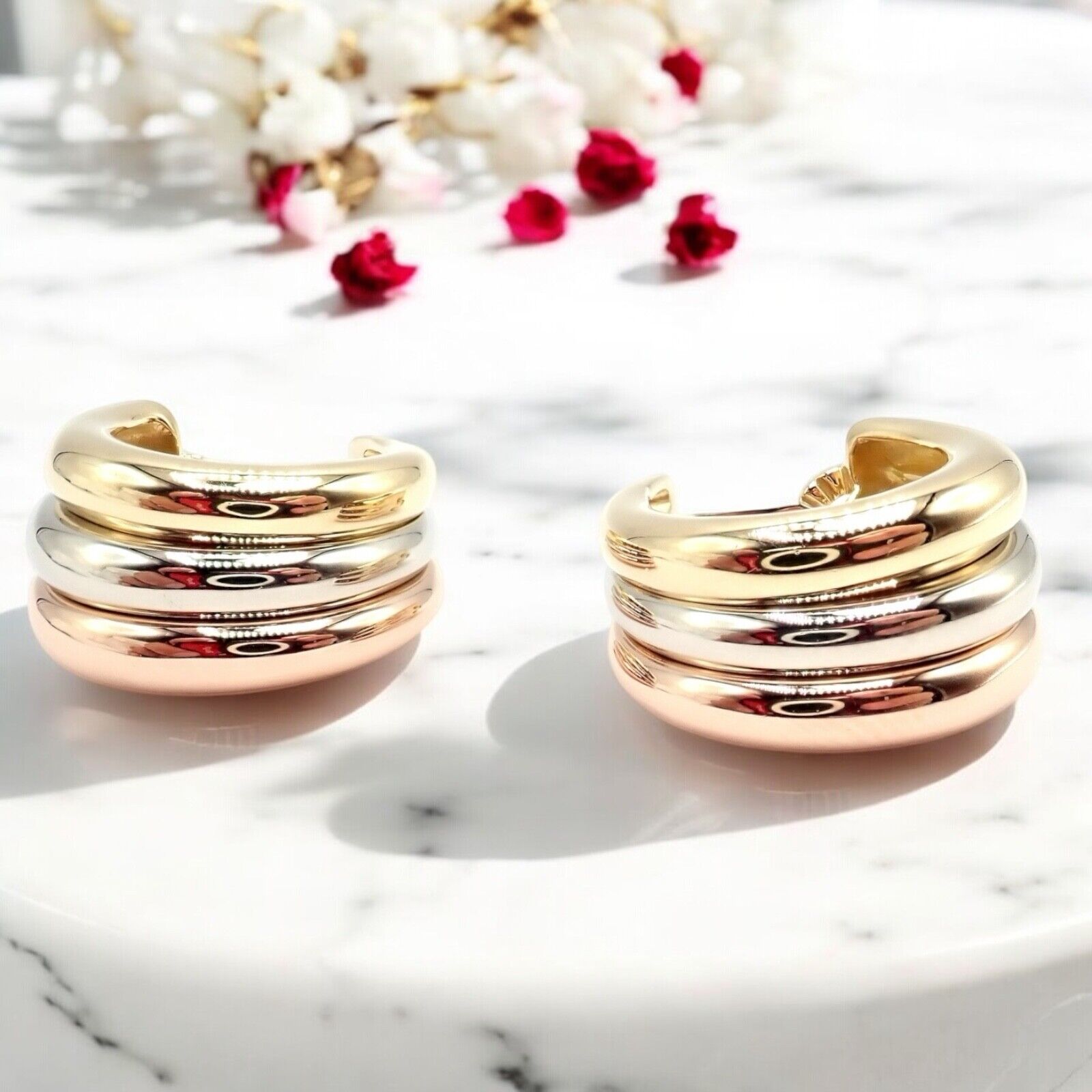 Authentic Cartier 18k Tri-Color Gold Large Trinity Huggie Hoop Earrings - Luxury Jewelry for Women, Perfect for Parties, Weddings & Special Occasions