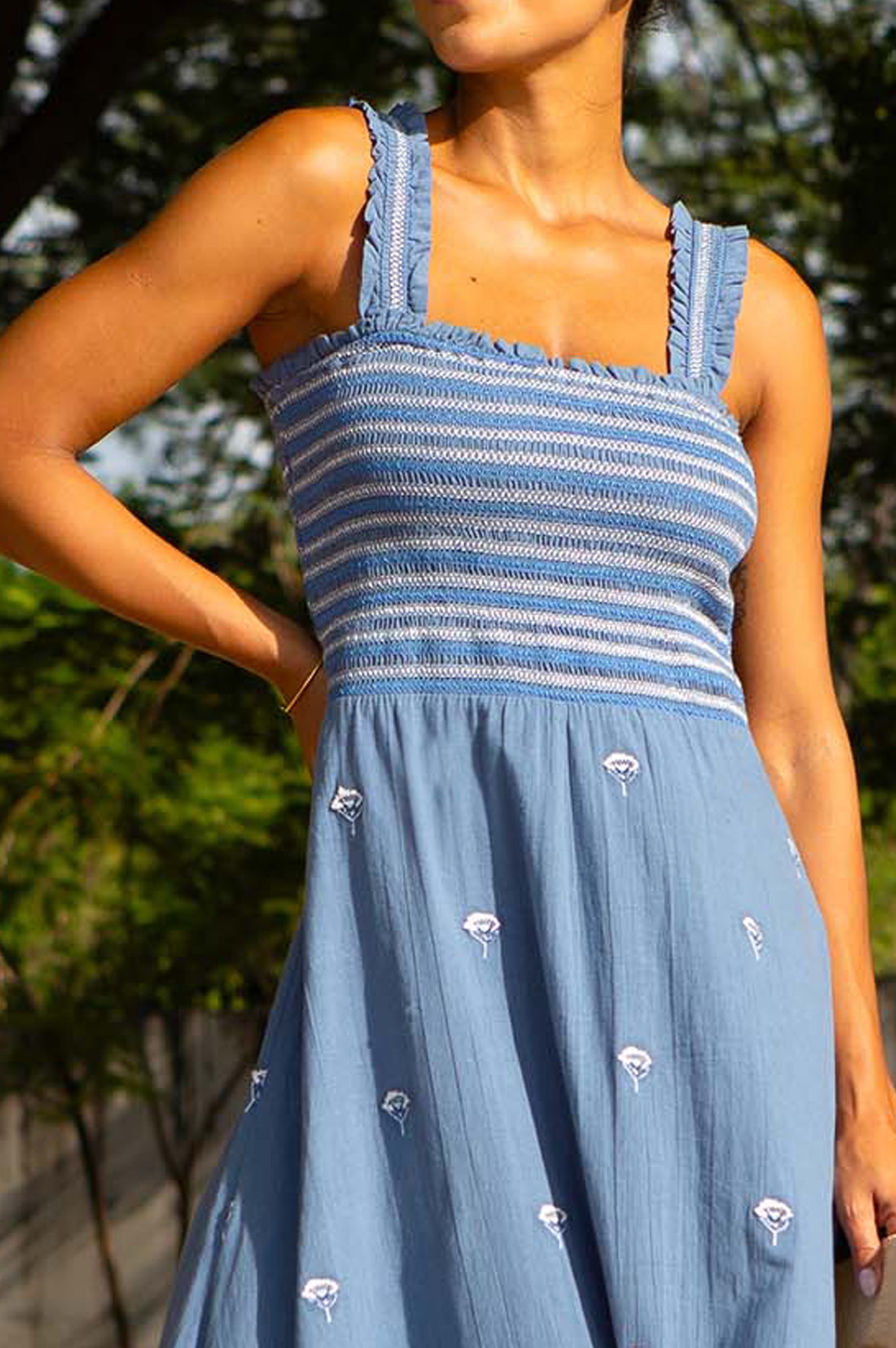 Rhianna Embroidered Floral Dress for Women - Blue, Grey & White Color Options | Perfect for Summer Parties, Weddings & Casual Outings
