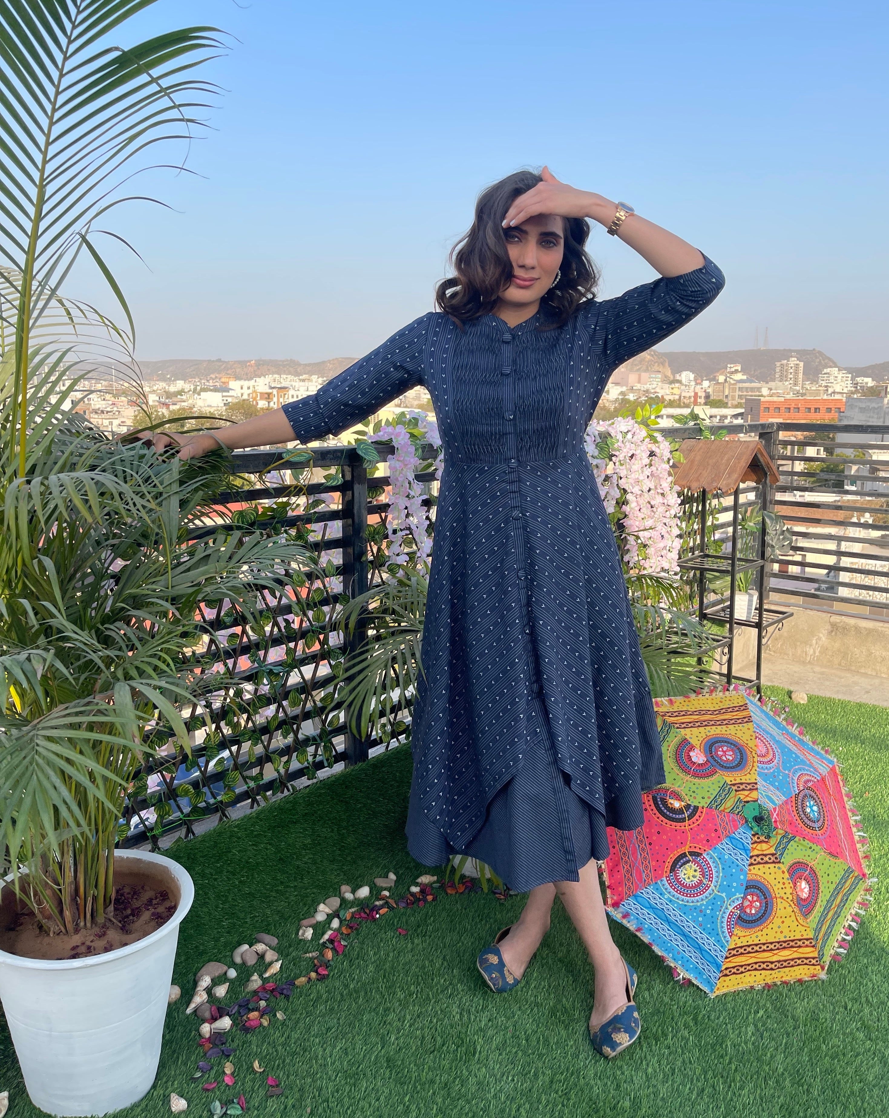 Blue Yoke Pleated Cotton Dress for Women - Summer Casual & Office Wear - Comfortable & Stylish Midi Dress